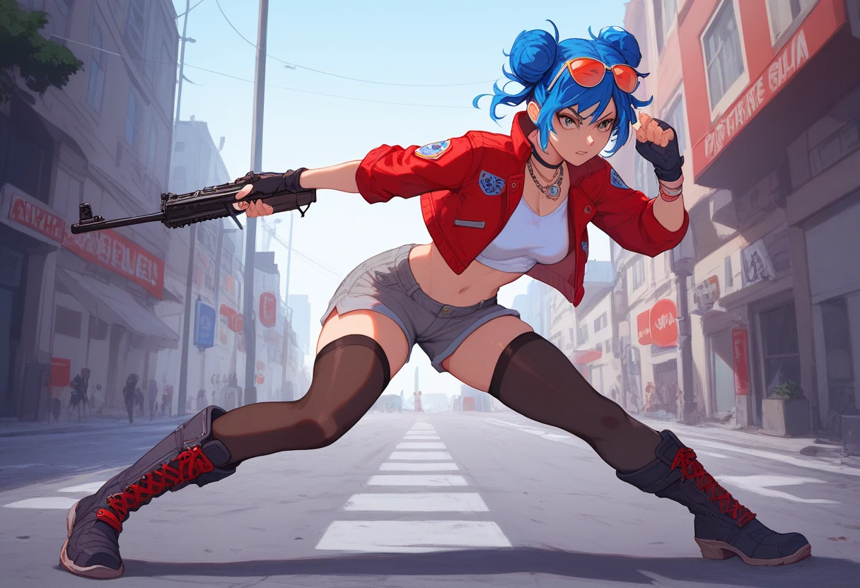 Cammy SF, pants, pants, Jacket, play sports often, short hair, sitting, highest quality, masterpiece, High resolution,Street at night,view audience