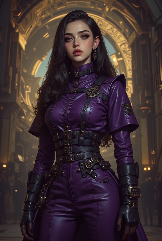 Create a movie poster,descendants 5 with the evil character with the green eye,com a logo da Disney,and behind her with the destroyed castle of Araudon