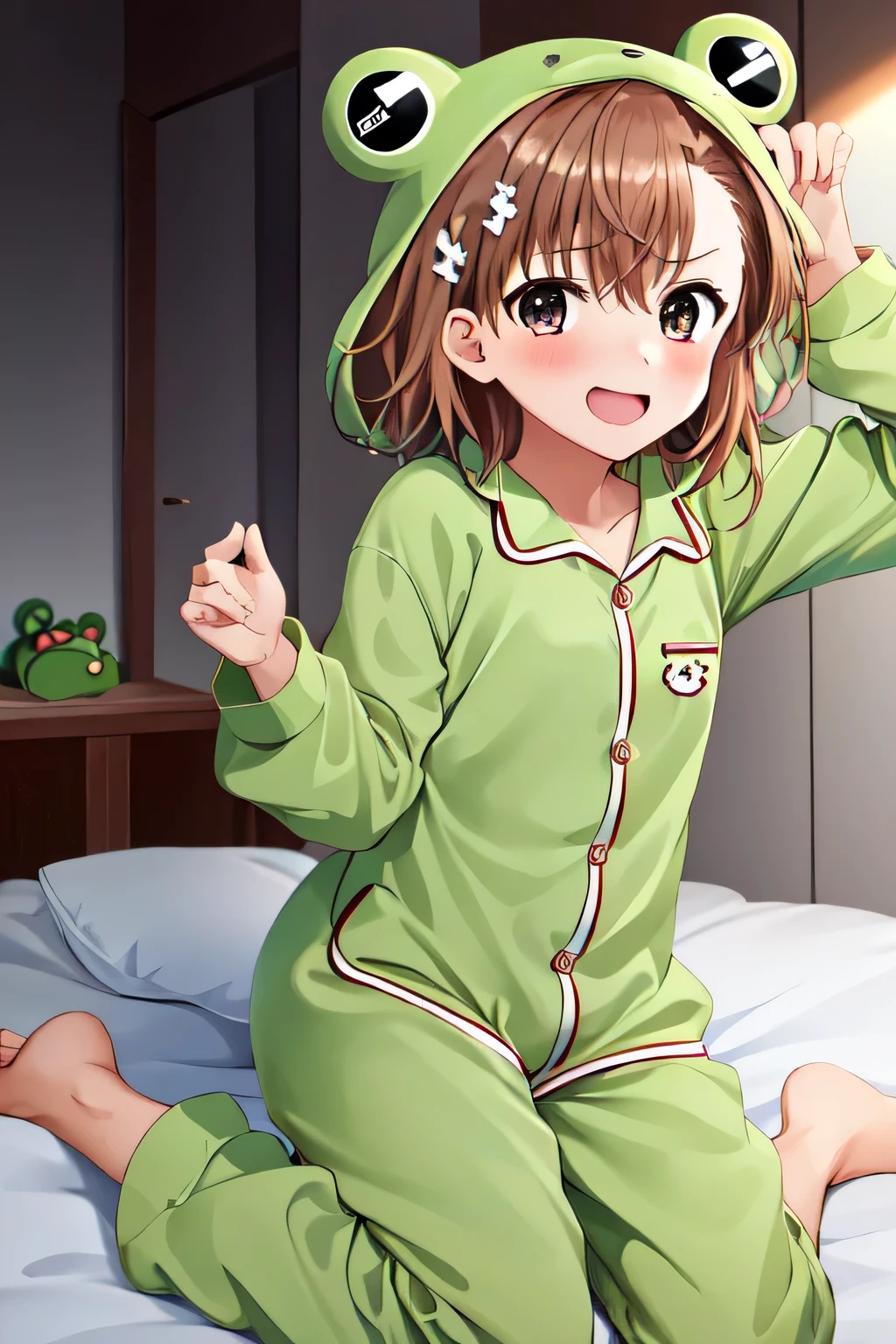 1girl, Misaka Mikoto, lying on bed, foot, frog costume headgear:1.2, wearing cute pajamas, animal shaped pajamas, slightly smile, blush, hiding her embarrassment, bedroom, frog costume:1.5, Frog costume A, Frog costume B, animal costume,  (extremely dlietailed CG, masterpiece, highres icon,absurdres,4K),