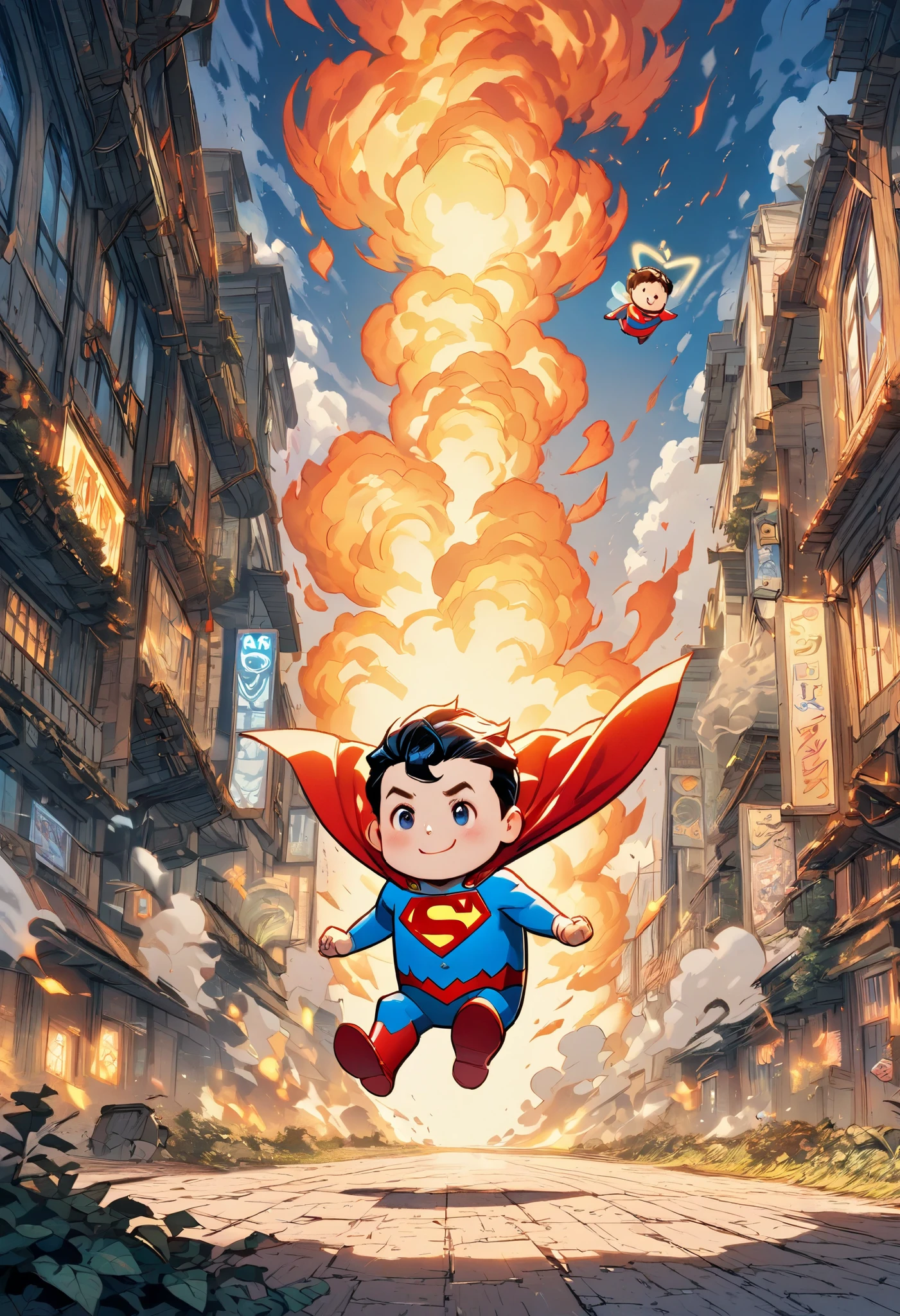 chibi cute superman, about to land on the ground, flames and smoke coming out of the soles of his feet, cute fairy tale illustration art, ultra detailed, absolutely resolution, masterpiece
