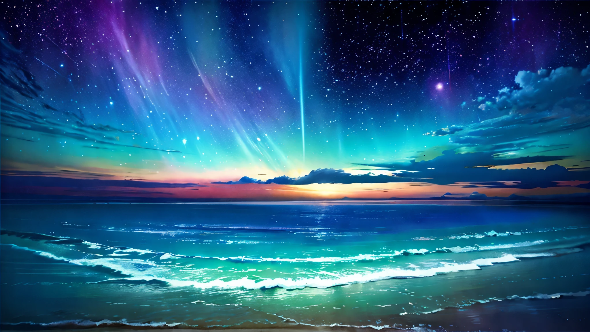 超high image quality, high image quality, high quality ,壮観なscenery,octans, null, 満天の星null, scenery, 星null, night , 1 girl, night null, shooting star, the Milky Way Galaxy covering the entire sky, 海に夜nullが映っている,is sitting, tree, long hair, silhouette , A lot of plankton is shining blue in the sea at night,The ocean is shining blue,Noctilucent bugs are glowing pale,Sea fireflyがもの凄く光っている, beautiful sandy beach,