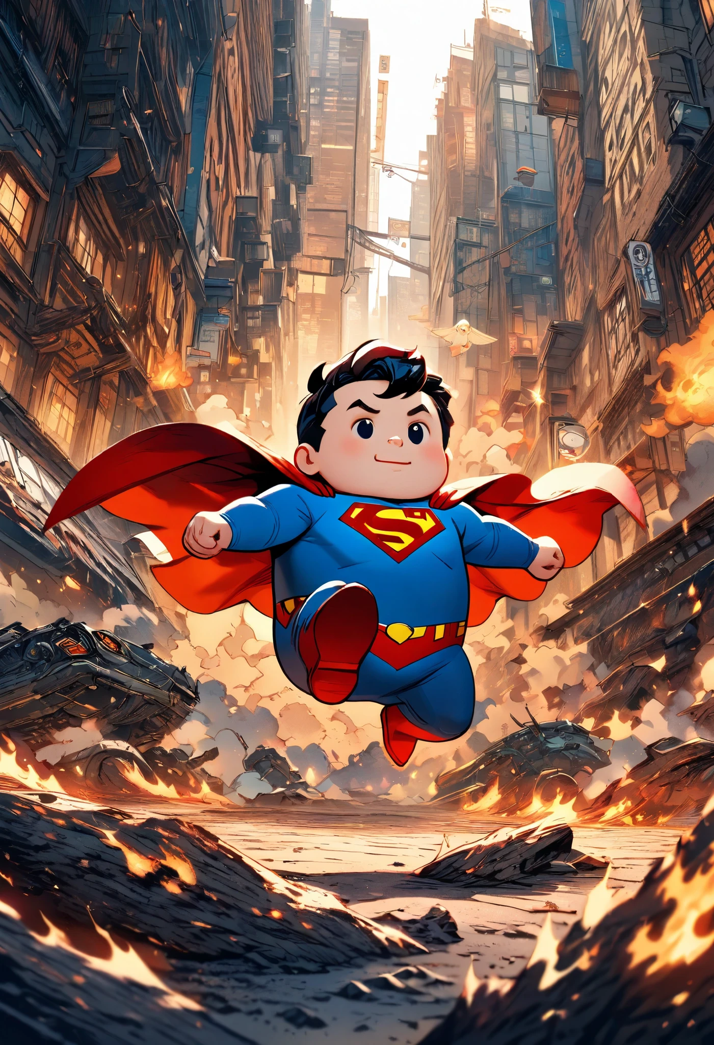 chibi cute superman, about to land on the ground, flames and smoke coming out of the soles of his feet, cute fairy tale illustration art, ultra detailed, absolutely resolution, masterpiece