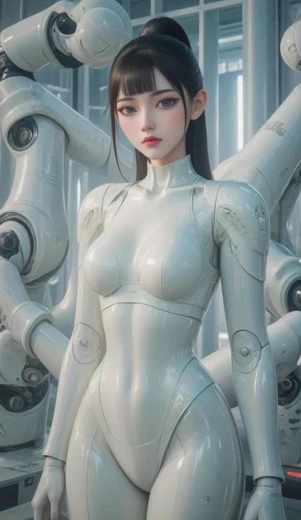 body, body, woman, Ultra-realistic, robot, cyborg, Plain background, Stands facing the spectators, super high quality, Metal, Dressed, (View your viewers)