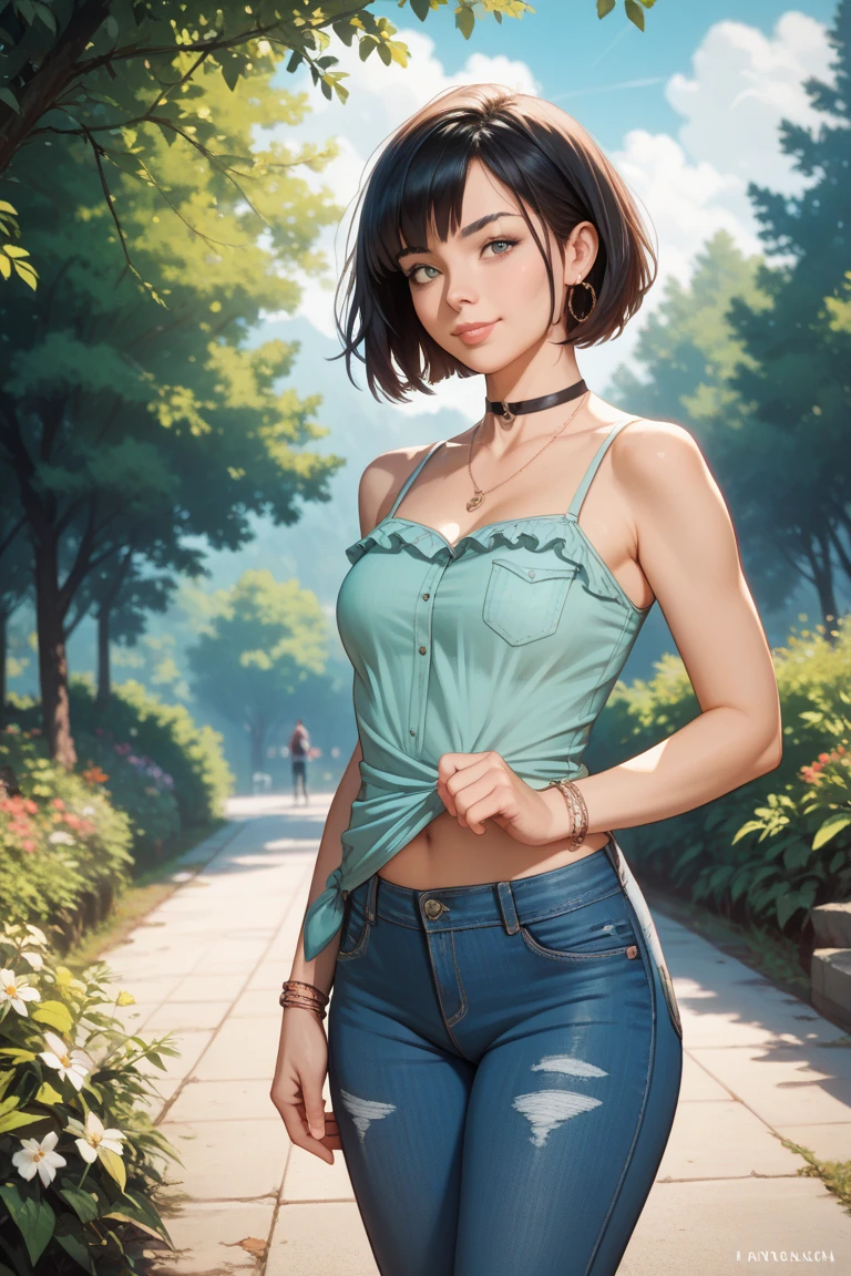 ((Masterpiece)), ((Best Quality)), ((highres)), ((UHD)), ((absurdres)), (1 girl), ((super detail)), dramatic lighting, blushing, smile, green eyes, short black hair, bob hair, choker, crop top, (black tank top), (black pleated mini skirt), gorgeous girl, large breasts, cleavage, gorgeous body, glossy skin, vivid colors, full body view, sharp focus, outdoors, standing up, in green grass field, feminine, shy, ((anatomically correct)), ((award winning)), (arms behind back)