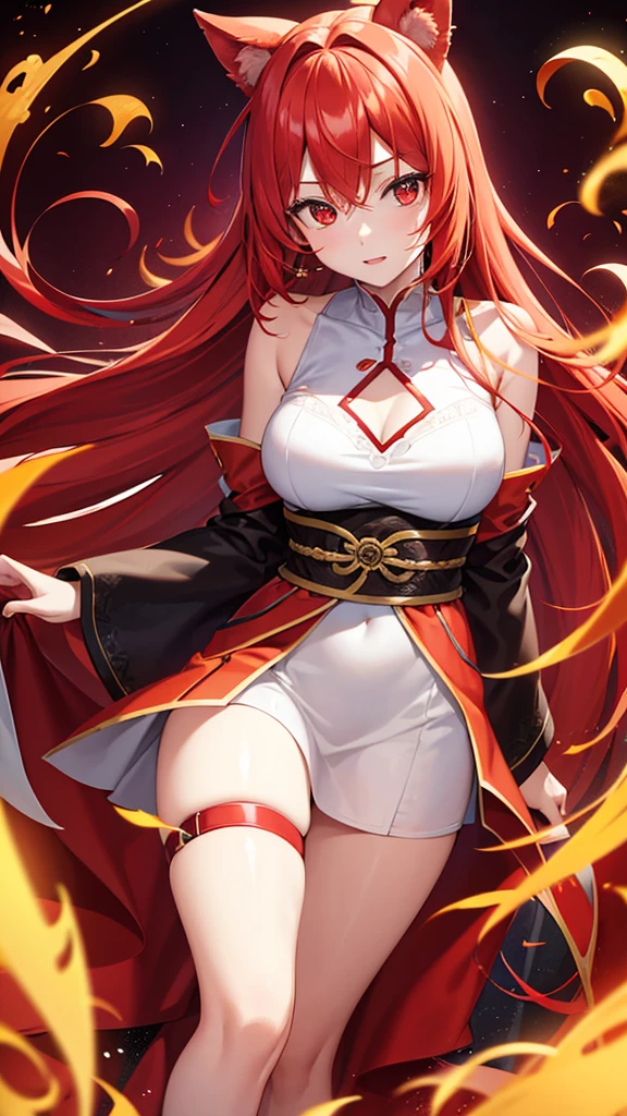 1girl, japanese ninja clothes, red scarf, long wild hair ,orange hair, red eyes, large breast, magic circle, red fire, red flames, wallpaper, landscape, blood, blood splatter, depth of field, night, light particles, light rays, sidelighting, thighs, fate \(series\), genshin impact, ****, open jacket, skirt, thighhighs, cloud