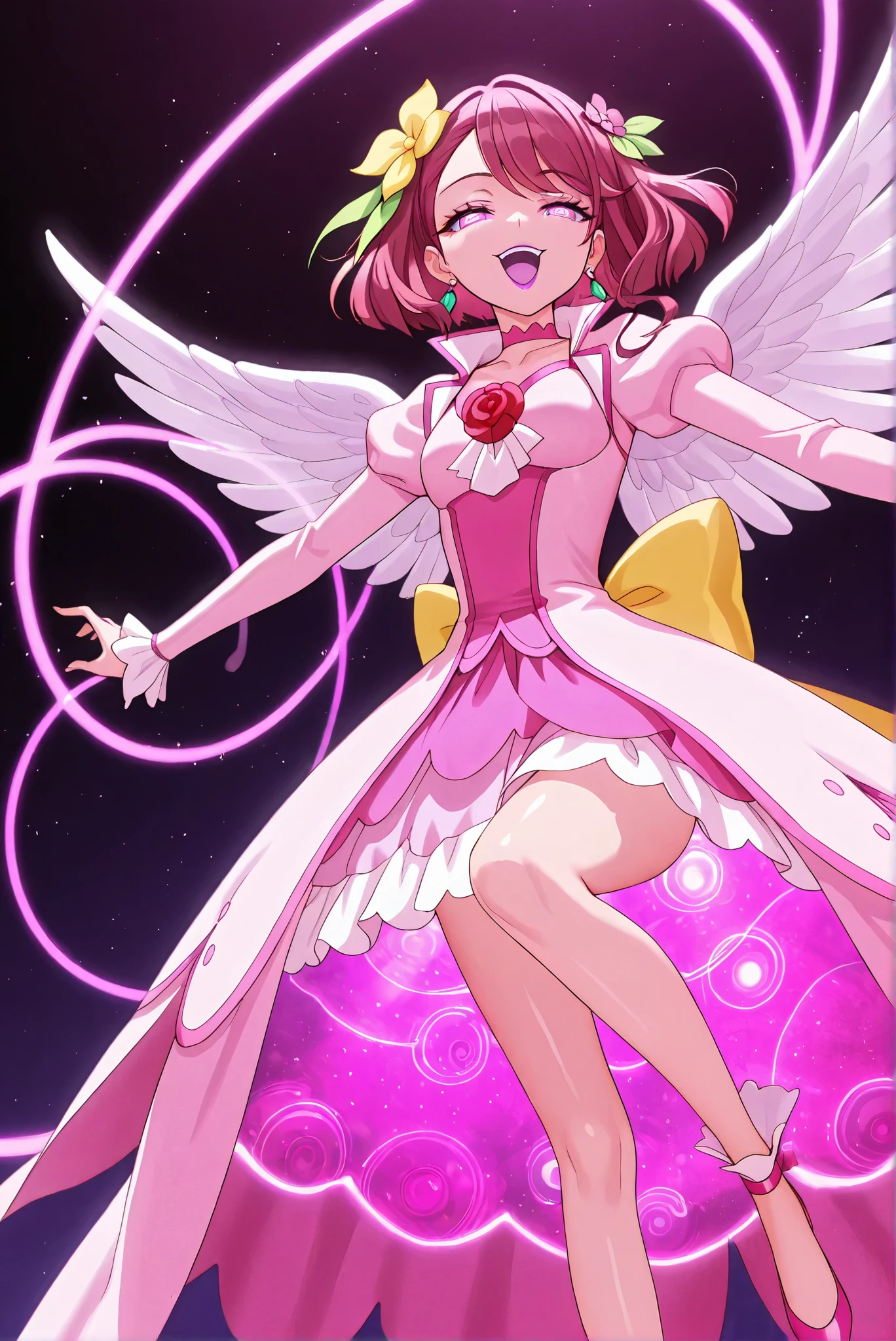 Alone,masterpiece, Very Beautiful,def,change,shiny pink dress,short hair,brown hair),(grace_final,red hair,long hair,very long hair,shiny hair,pink eyes,yellow hair flower,red heart jewelry,earrings,shiny,pink long_sleeves,red rose,pink dress,yellow back bow,angel Wings,Wings,pink footwear, ,(purple eyes, Half Closed Eyes :1.3, Rotating Eyes , Normal breast, evil smile, has a shiny purple lipstick , Mouth open ),,hypnosis,mind control,spiral eyes,swirly eyes,@_@
