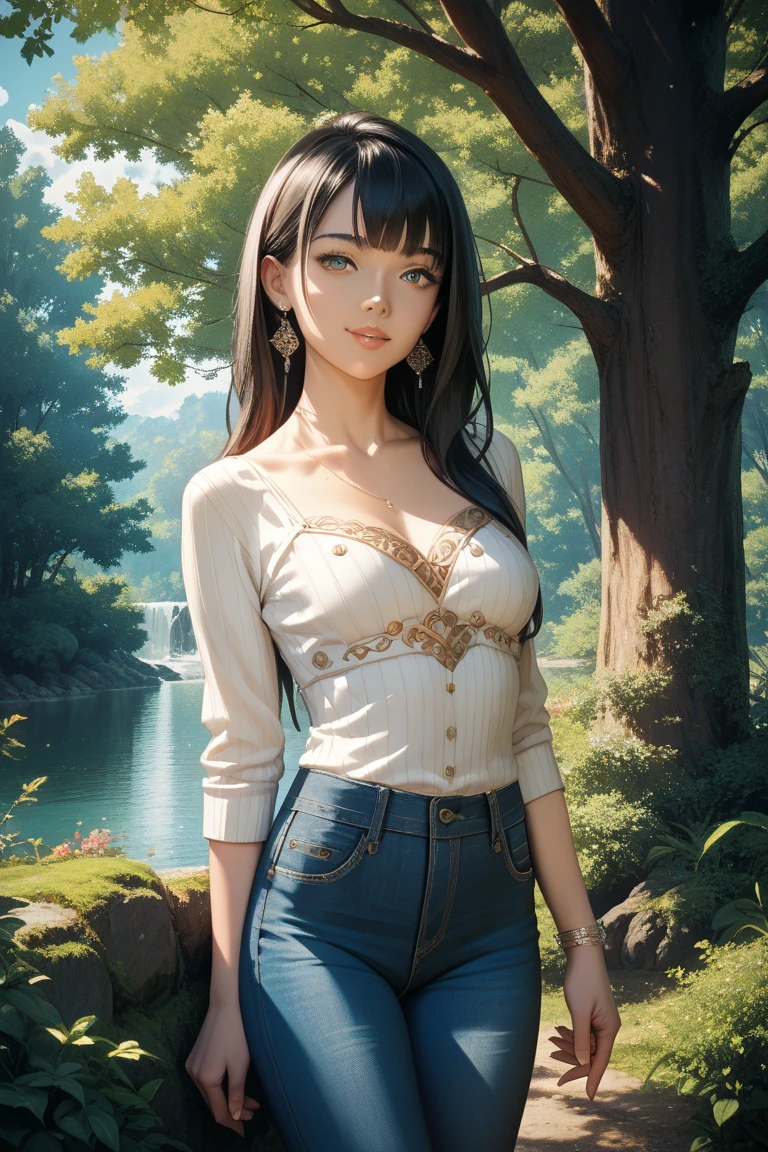 (32K resolution, masterpiece, ultra high quality, best quality, ultra high definition, perfect anatomy, Incredibly detailed, RAW, ultra super realistic, photorealistic, cinematic lighting, exquisitely detailed, extremely intricate, 8k UHD, high resolution), (1girl), cropped off-shoulder tank top, skirt, flower field, seductive smile, (cleavage, crop top, bare thigh, thigh gap, bare legs, looking at viewer),