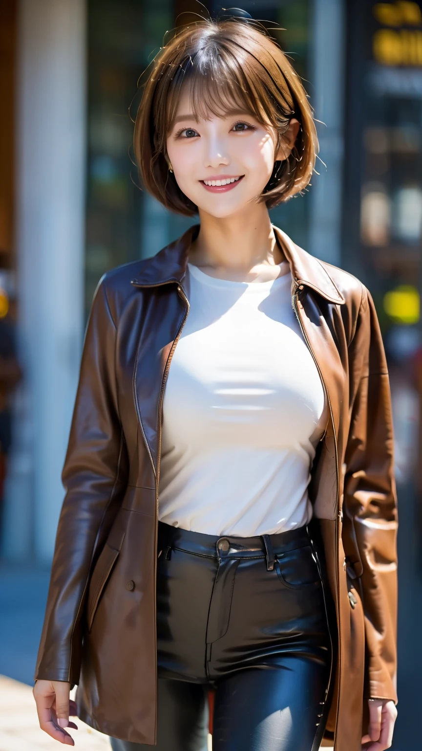 ((Highest quality))､((best image quality))､((Greatest Masterpiece))､ professional lighting､( Composition Above Knee )､ 1 Japanese woman ､high school girl､18 years old､looking at the camera､standing with legs shoulder-width apart､(( pixie cut hair))､ cute face､ big smile､(big bust:1.2)､(Big Breasts:1.2)､(wears a leather puff coat on her upper body)､( down coat)､The front zipper is closed､leather skinny pants ､red､ in a dark green tunic 