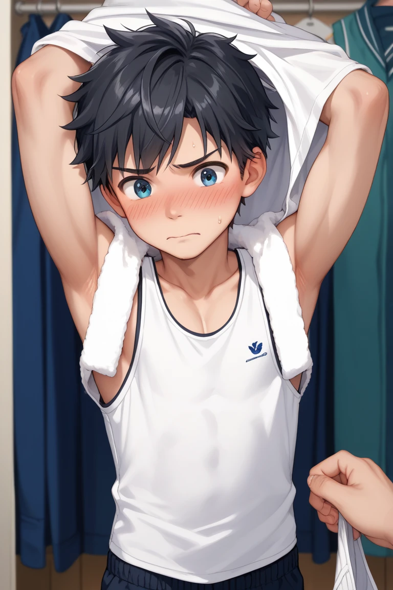 School sports boy embarrassed because smelly armpits