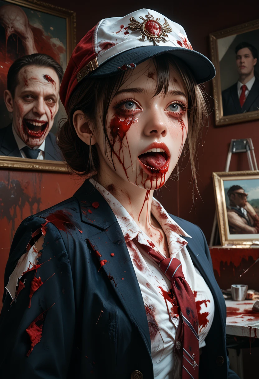 ((27 years old, open eyes)), (8K, top quality, masterpiece: 1.2), (red eyes)), (very desperate expression, red eyes, very frightened), ((tears, distressed face, bitterly crying face, sharp long vampire fangs in open mouth))
