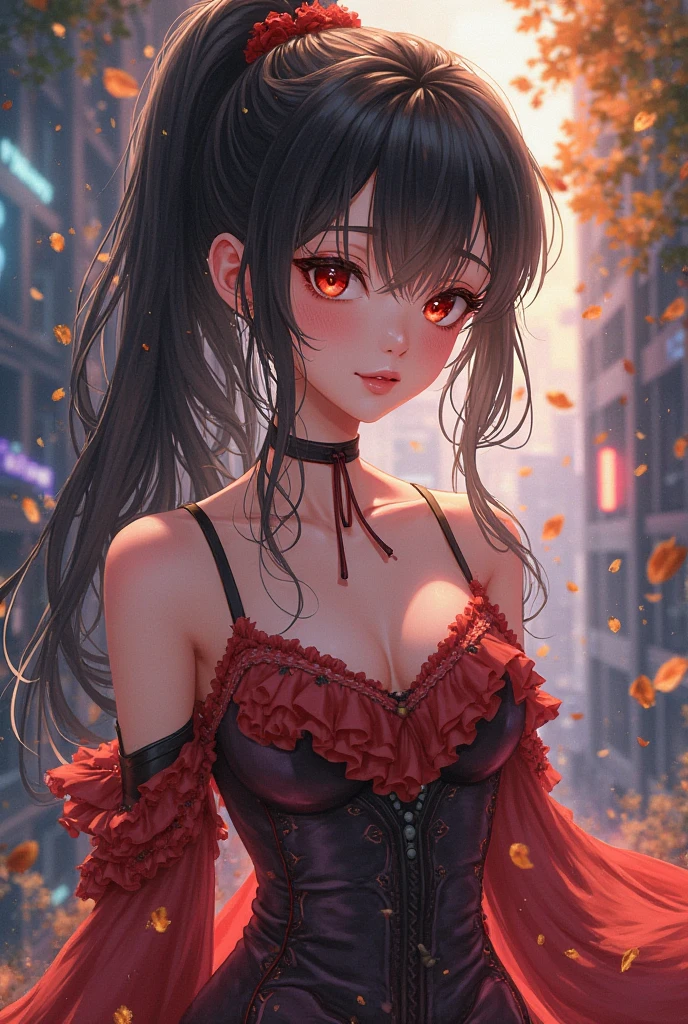 red eyes, (highest quality, masterpiece painting:1.3), immature woman, 16 years old, (half body shot), masterpiece, ultra high resolution, (Photoreal:1.0), red hair, ponytail,straight hair, beautiful shining hair, white and shining skin, ((Ultra realistic details)), octane rendering, highly detailed face, (big breasts:0.8), She wears stunning costumes inspired by Belle Époque style, flowing black dress decorated with lace and ribbons, (clothing: black belle époque dress with lace and ribbons),cleavage, perfect body, soft skin, anime face, perfect face, perfect eyes, looking at the viewer, smart, Under autumn leaves tree background, Autumn leaf petals are falling, outdoors,shrine, sharp focus, intricate details, professional artwork, (bright colors:1.1), bright colors, diffused lighting, digital blending, ultra-definition body, ultra detail hair, super detailed face, that'It's trending on pixiv, top button open, Cute gaze, compensate, perfect lips, perfect compensate, Ultra-precision coating, (light_smile:0.8), (Very embarrassed:1.2), blush your nose,