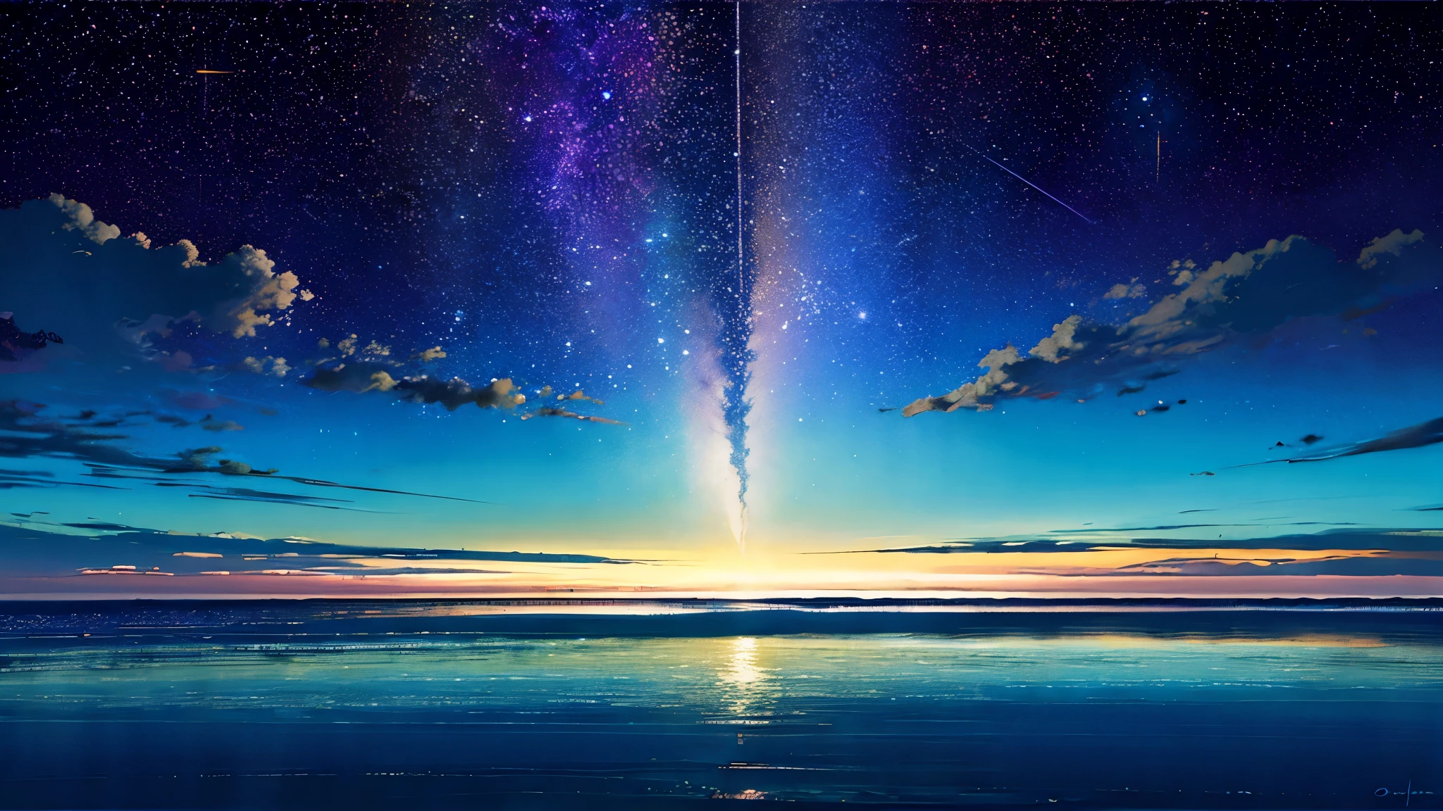 超high image quality, high image quality, high quality ,壮観なscenery,octans, null, 満天の星null, scenery, 星null,  night , 1 girl,  night null,  shooting star, the Milky Way Galaxy covering the entire sky, 海に夜nullが映っている,is sitting, tree,  long hair, silhouette , A lot of plankton is shining blue in the sea at night,The ocean is shining blue,Noctilucent bugs are glowing pale,Sea fireflyがもの凄く光っている, beautiful sandy beach,