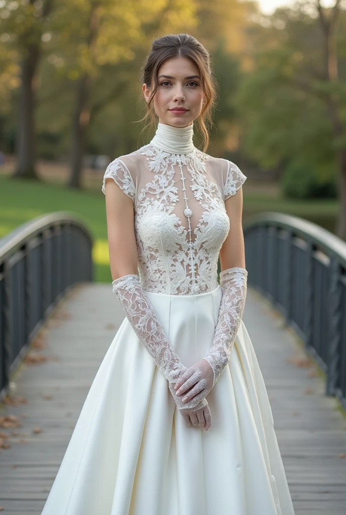 Peach Wedding Dress, blonde  long hair, blue eyes, satin dress, satin gloves, red lipstick, blue eye shadow, smiling, long white satin elbow gloves ,garden background 