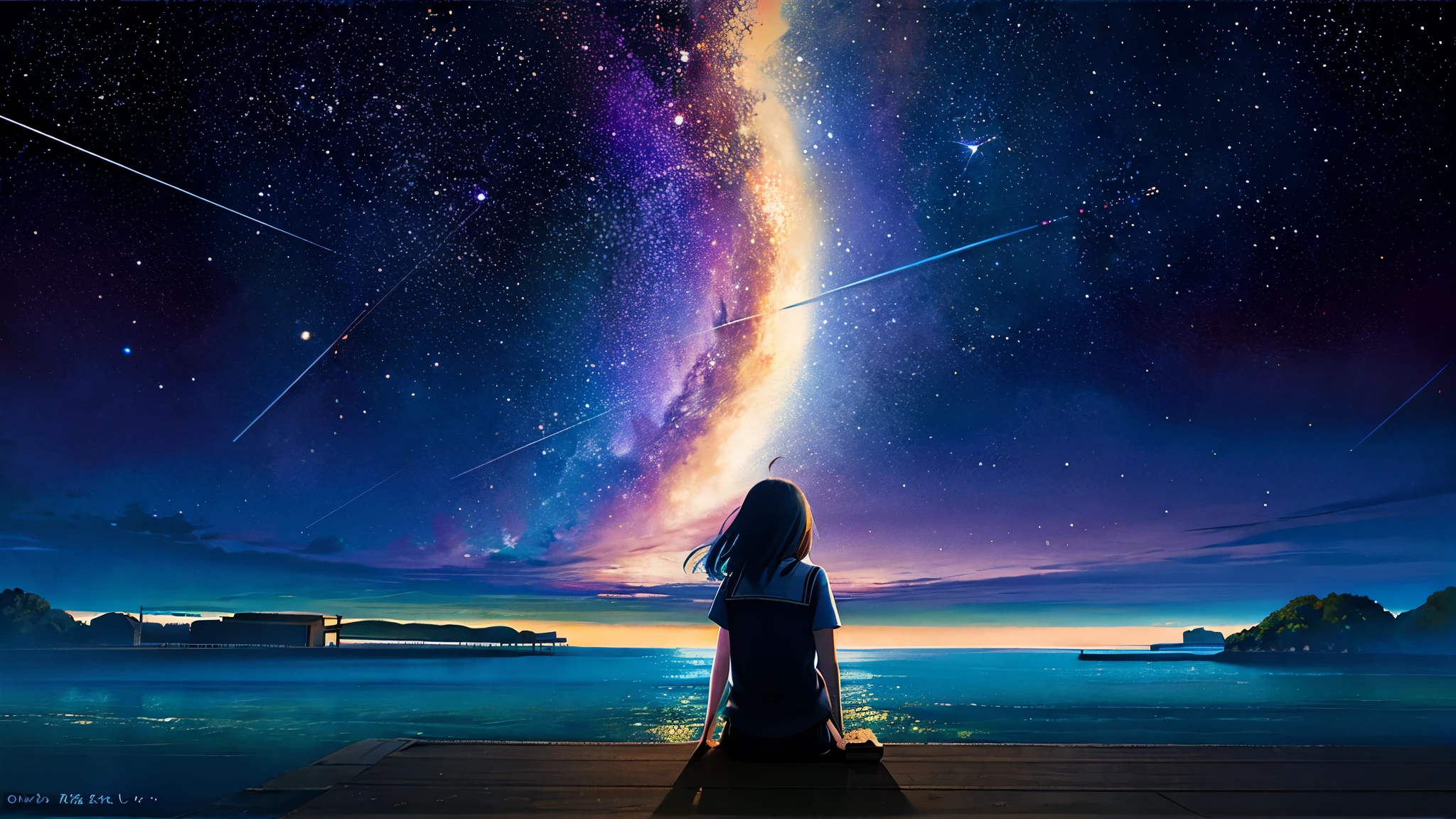 超high image quality, high image quality, high quality ,壮観なscenery,octans, null, 満天の星null, scenery, 星null,  night , 1 girl,  night null,  shooting star, the Milky Way Galaxy covering the entire sky, 海に夜nullが映っている,is sitting, tree,  long hair, silhouette , A lot of plankton is shining blue in the sea at night,The ocean is shining blue,Noctilucent bugs are glowing pale,Sea fireflyがもの凄く光っている, beautiful sandy beach,