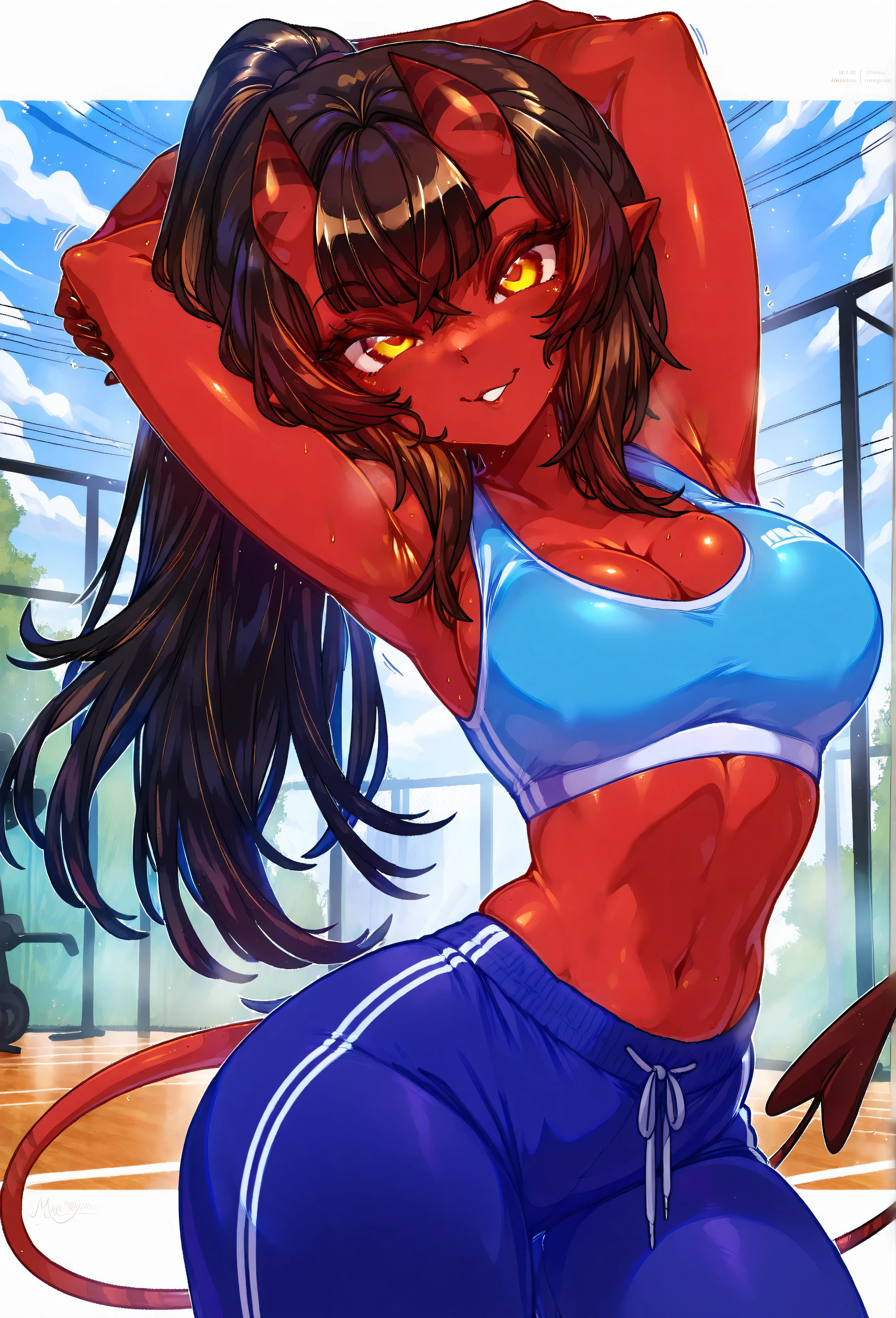 Meruccubus, from "merunyaa" oficial artist, devil woman with red skin, full-body portrait of [Meruccubus].
ultra detailed, absolutely high resolution, masterpiece.
1 woman, {{Meruccubus}}, large breasts, cleavage, wearing sports bra and pants, stretching.