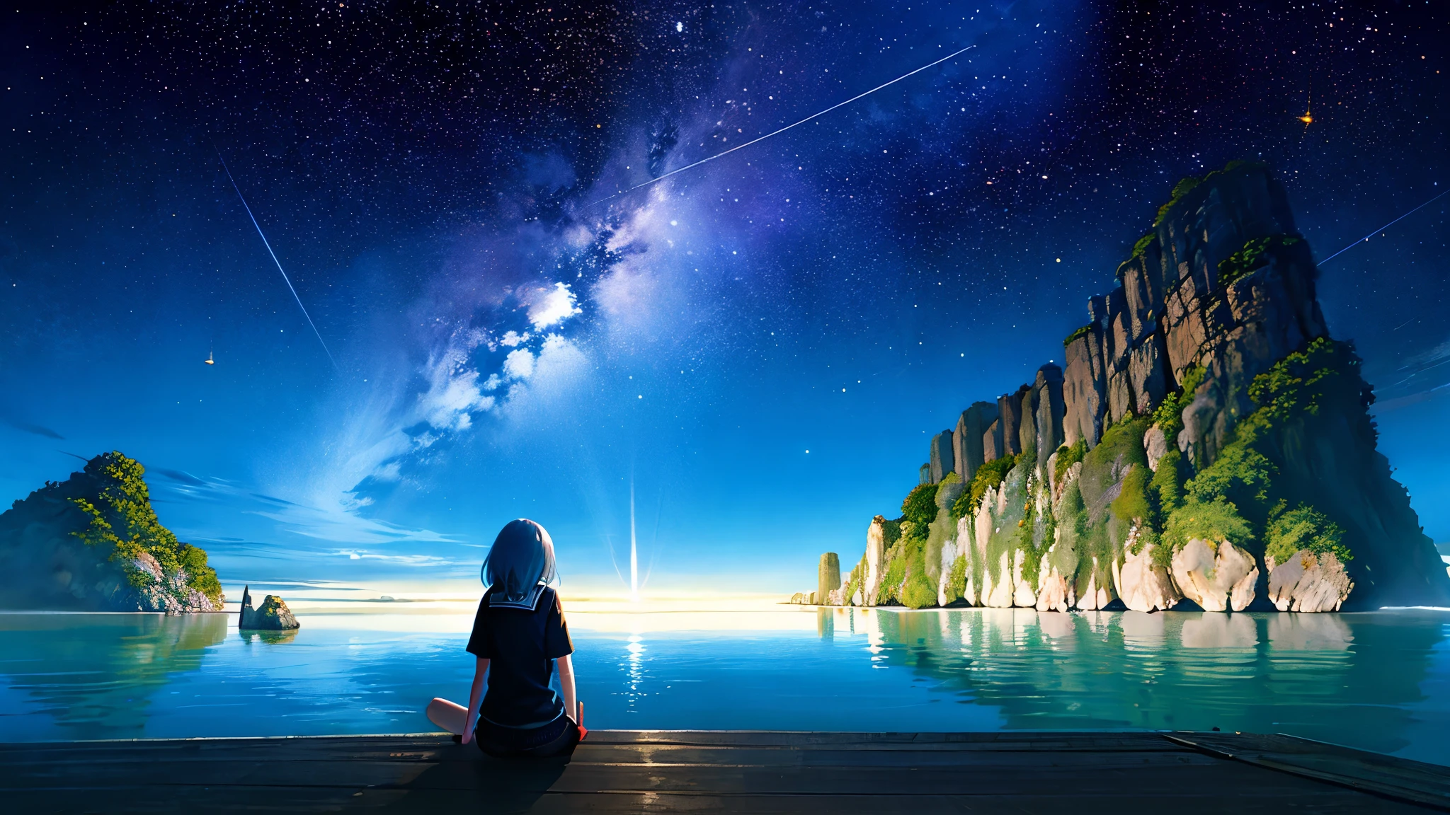 超high image quality, high image quality, high quality ,壮観なscenery,octans, null, 満天の星null, scenery, 星null,  night , 1 girl,  night null,  shooting star, the Milky Way Galaxy covering the entire sky, 海に夜nullが映っている,is sitting, tree,  long hair, silhouette , A lot of plankton is shining blue in the sea at night,The ocean is shining blue,Noctilucent bugs are glowing pale,Sea fireflyがもの凄く光っている, beautiful sandy beach,