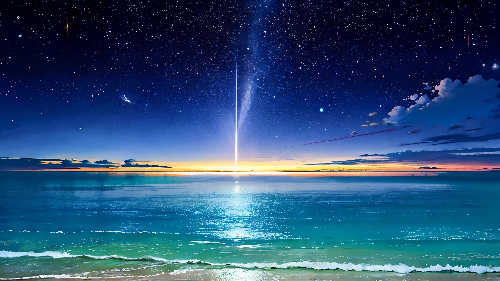 超high image quality, high image quality, high quality ,壮観なscenery,octans, null, 満天の星null, scenery, 星null, night , 1 girl, night null, shooting star, the Milky Way Galaxy covering the entire sky, 海に夜nullが映っている,is sitting, tree, long hair, silhouette , A lot of plankton is shining blue in the sea at night,The ocean is shining blue,Noctilucent bugs are glowing pale,Sea fireflyがもの凄く光っている, beautiful sandy beach,