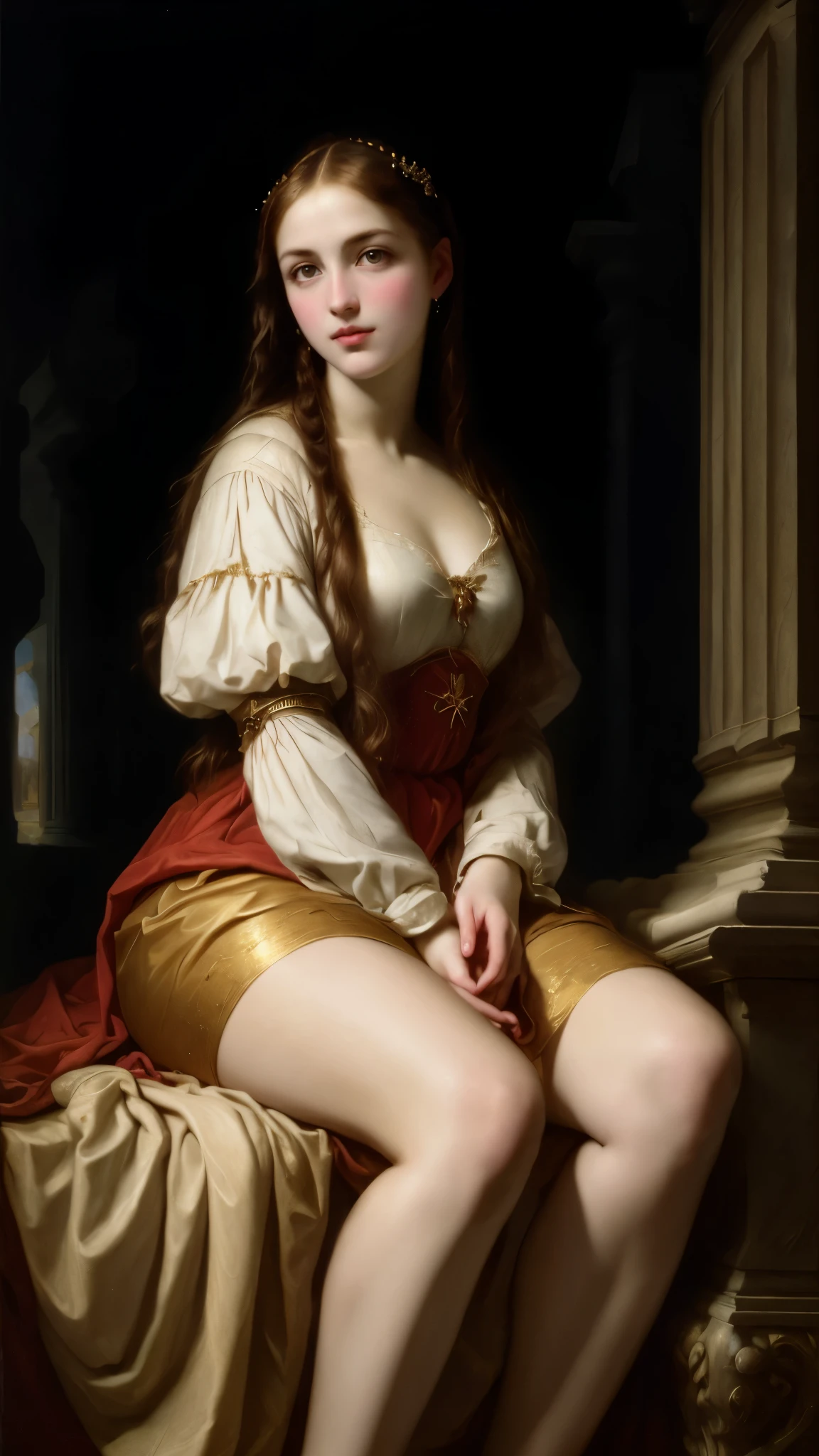 a woman, drooping eyes, ((styled old westerner oil painting)), outdoor, sunset sky, eyes realistic sizing, (round face), straddling bollard that is standing on the floor to hit her crotch, detailed panties, open legs, pubic hair, angle from below, braid, mountains, wlop, Ultra-high-speed photography, realistic hands. [The character is surrounded by mist, evoking a mysterious and eerie atmosphere. The lighting is dark and atmospheric, with smoke adding a touch of sinister ambiance. Best quality image, HDR enhancement, showcasing the utmost level of detail and realism, full body shot:1.5]. [8K, Best Quality, Ultra High Resolution, (highly detailed CG unity 8k wallpaper), (best photo), (best shadows), isometric 3D, octane rendering, ray tracing, highly detailed, (Best quality, 4K, 8k:1.2), absurdity, ultra detailed, (realistic, photorealistic, photorealistic:1.37), complex parts, HDR, (complex parts:1.12), (hyper detailed, hyper realistic, Soft lighting, spicy:1.2), (complex parts, Hyper detailed:1.15). Blurred foreground. (backlit), masterpiece, high quality, brightness, chromatic aberration, foggy smoke, shadows, contrast, clear sky, (warm hue, warm tone), high details, natural reflections].