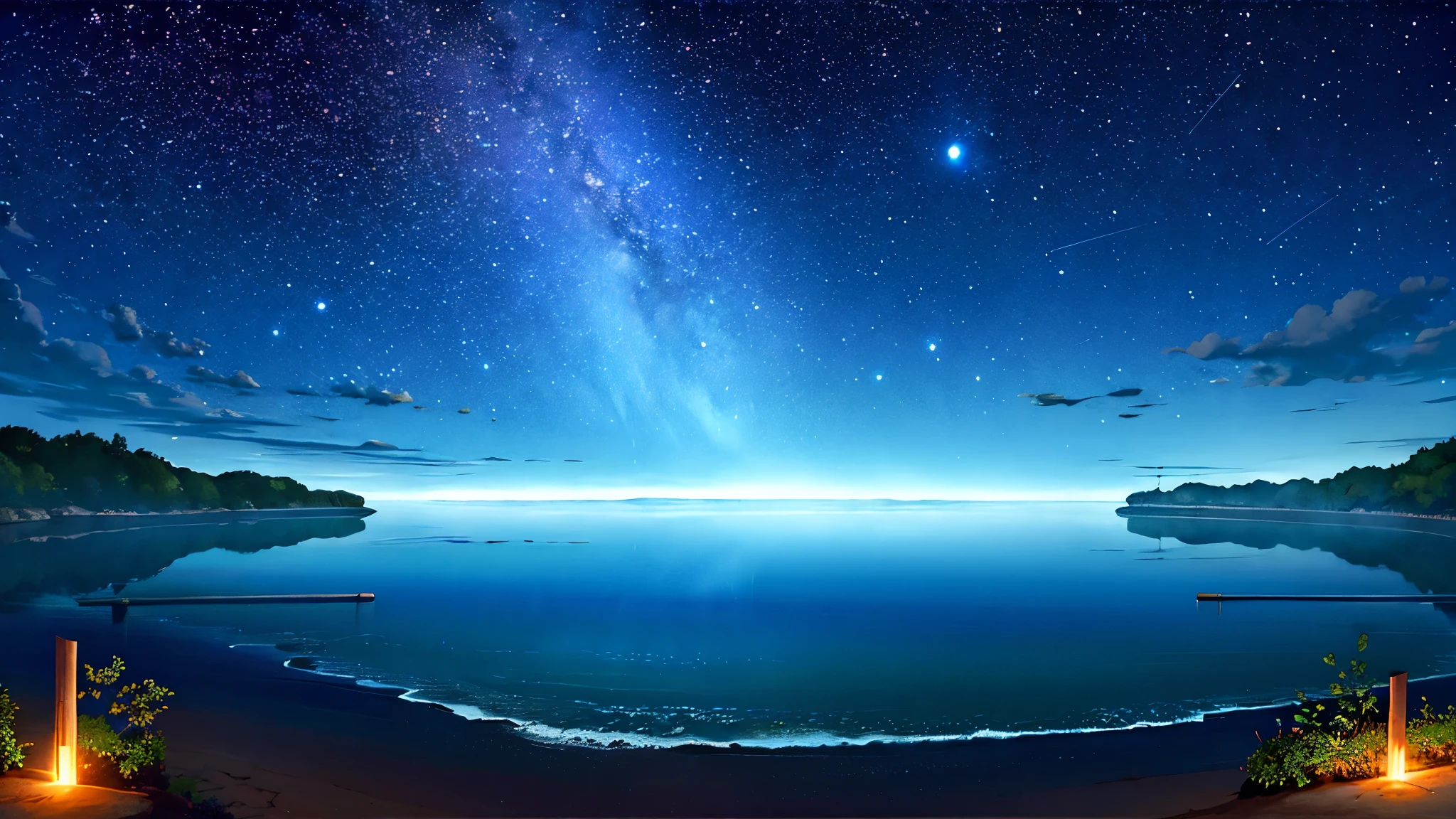 超high image quality, high image quality, high quality ,壮観なscenery,octans, null, 満天の星null, scenery, 星null,  night , 1 girl,  night null,  shooting star, the Milky Way Galaxy covering the entire sky, 海に夜nullが映っている,is sitting, tree,  long hair, silhouette , A lot of plankton is shining blue in the sea at night,The ocean is shining blue,Noctilucent bugs are glowing pale,Sea fireflyがもの凄く光っている, beautiful sandy beach,