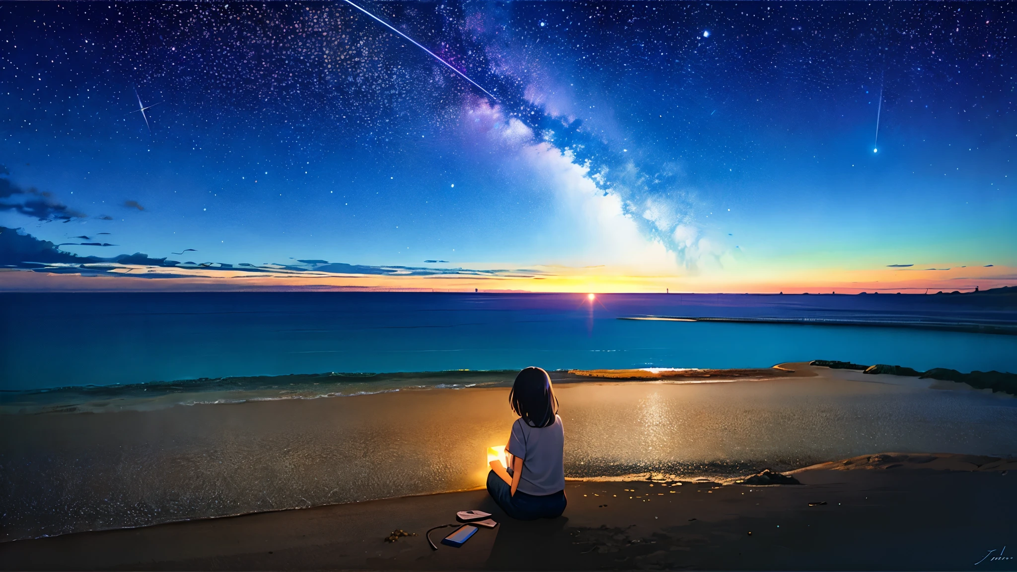 超high image quality, high image quality, high quality ,壮観なscenery,octans, null, 満天の星null, scenery, 星null, night , 1 girl, night null, shooting star, the Milky Way Galaxy covering the entire sky, 海に夜nullが映っている,is sitting, tree, long hair, silhouette , A lot of plankton is shining blue in the sea at night,The ocean is shining blue,Noctilucent bugs are glowing pale,Sea fireflyがもの凄く光っている, beautiful sandy beach,