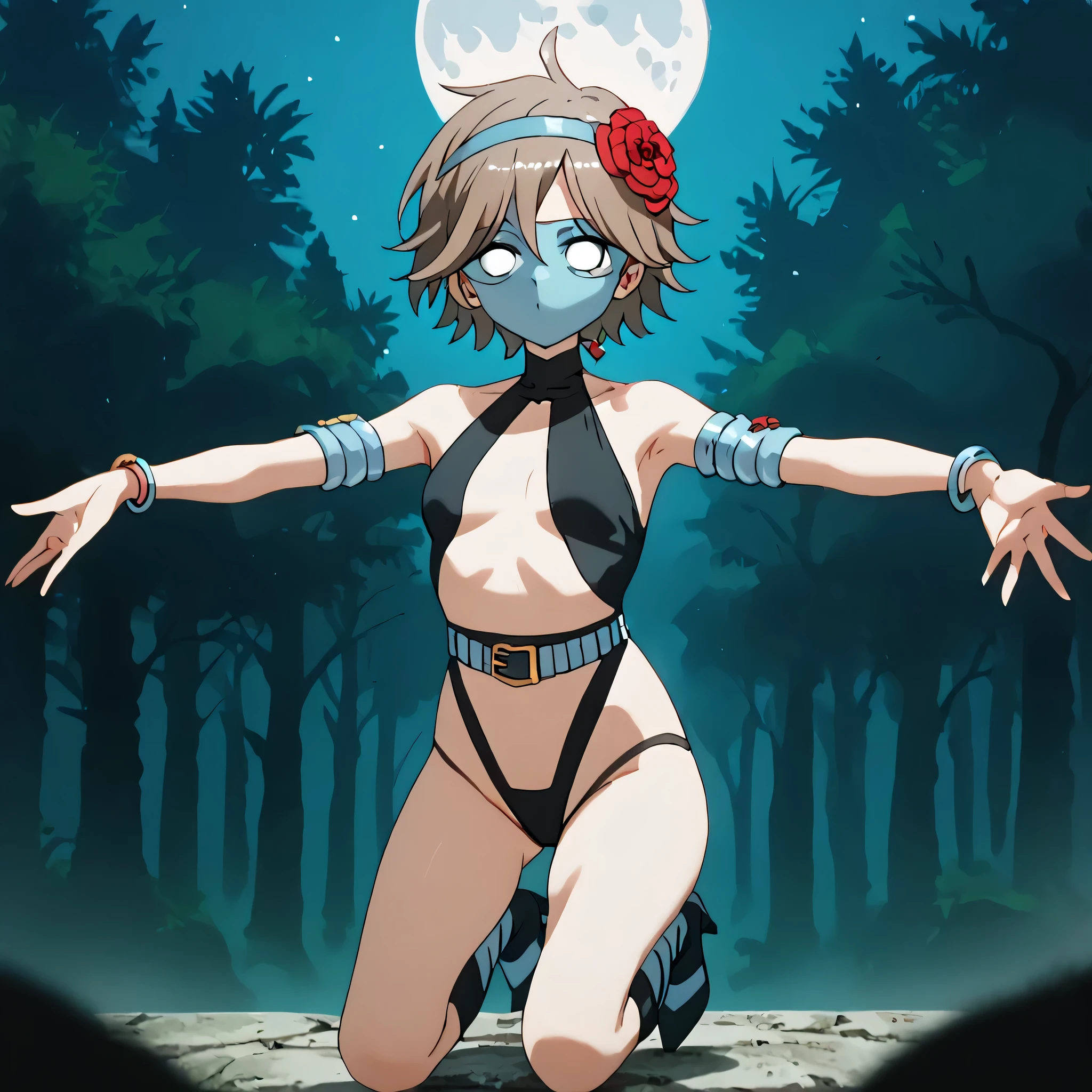 (((Masterpiece))), (((Best Quality))), ((Super Detail)), ultra-High resolution, score_9,score_8_up,score_7_up,score_6_up,score_5_up,score_4_up, BREAK, source_anime, anime screencap, uncensored, rating_explicit, Masterpiece, (best shadow), (absurdres), (detailed background), (very aesthetic), shiny, detailed beautiful eyes, outstanding, countershading, detailed soft lighting, an exquisite animation illustration, curvy, dark persona, empty eyes, blank eyes, looking at viewer, Fighting Stance, horizontal pupils, (((black leotard, clothing cutout))), high heel boots, knee boots, circlet, armlet, bracelet, belt, halterneck, (((solo, 1girl))), hair ornament, small breast, kagetsu, white eyes, brown hair, short hair, hair flower, seductive pose, submissive pose, forest background, flower backgroundm night, moon, (((mask, blue mask))), horror, dark theme, outstretched arms