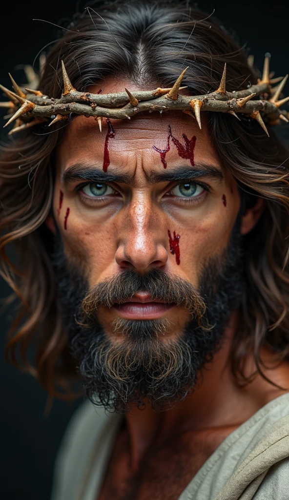 Jesus the Metalist in tattered clothes, A crown of thorns on the head, realisticky pohled, HDR