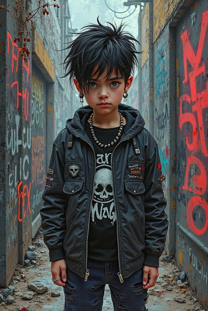 Generate a photo of an emo boy with choppy hair and a rectangular face , big lips, with many pimples and gay
