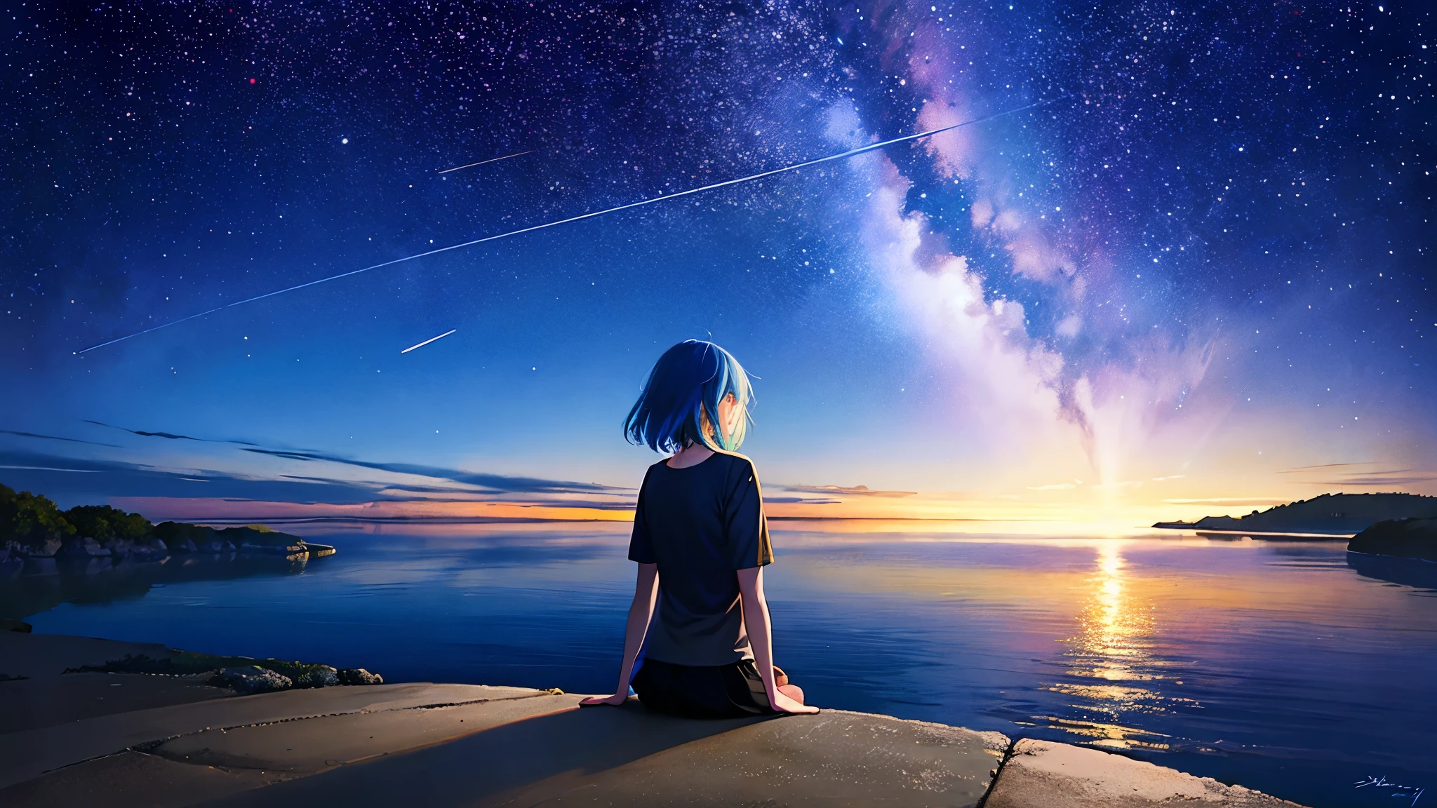 超high image quality, high image quality, high quality ,壮観なscenery,octans, null, 満天の星null, scenery, 星null,  night , 1 girl,  night null,  shooting star, the Milky Way Galaxy covering the entire sky, 海に夜nullが映っている,is sitting, tree,  long hair, silhouette , A lot of plankton is shining blue in the sea at night,The ocean is shining blue,Noctilucent bugs are glowing pale,Sea fireflyがもの凄く光っている, beautiful sandy beach,