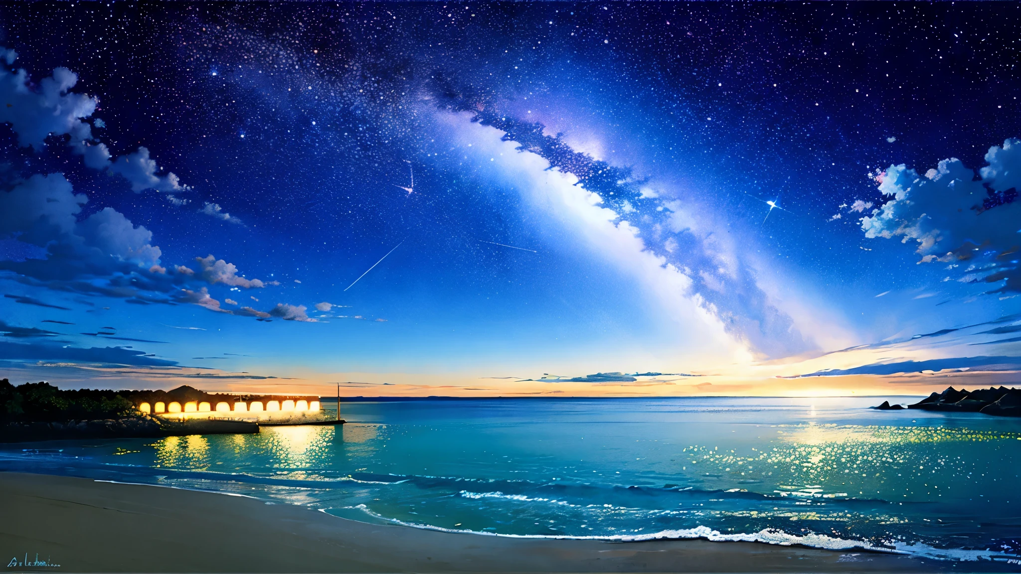 超high image quality, high image quality, high quality ,壮観なscenery,octans, null, 満天の星null, scenery, 星null, night , 1 girl, night null, shooting star, the Milky Way Galaxy covering the entire sky, 海に夜nullが映っている,is sitting, tree, long hair, silhouette , A lot of plankton is shining blue in the sea at night,The ocean is shining blue,Noctilucent bugs are glowing pale,Sea fireflyがもの凄く光っている, beautiful sandy beach,