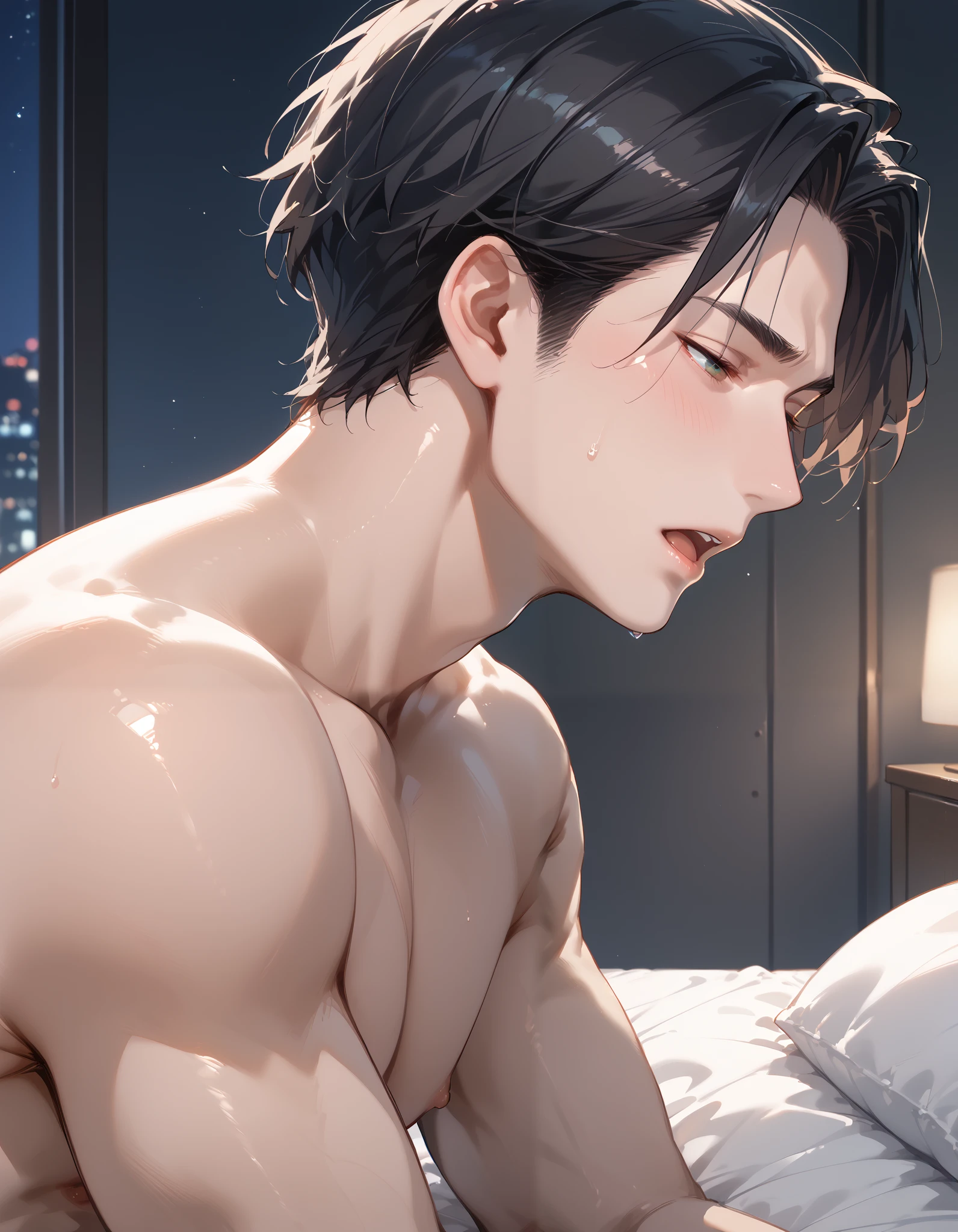 naked、Man with erection、 black hair、apartment bedroom、night、 dark room、Front 、 painful、pleasure、patience、pleasure、Lean back、 side view