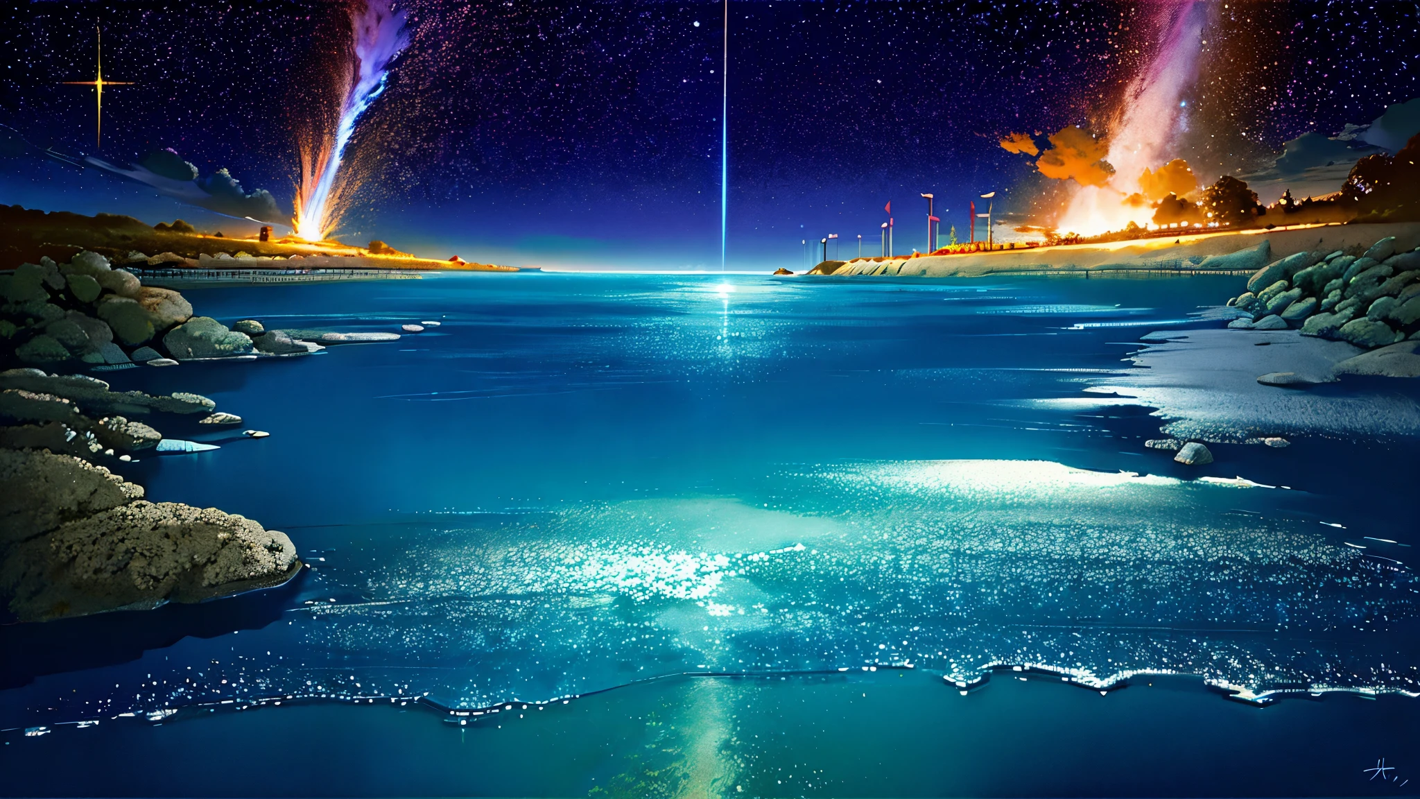 超high image quality, high image quality, high quality ,壮観なscenery,octans, null, 満天の星null, scenery, 星null, night , 1 girl, night null, shooting star, the Milky Way Galaxy covering the entire sky, 海に夜nullが映っている,is sitting, tree, long hair, silhouette , A lot of plankton is shining blue in the sea at night,The ocean is shining blue,Noctilucent bugs are glowing pale,Sea fireflyがもの凄く光っている, beautiful sandy beach,