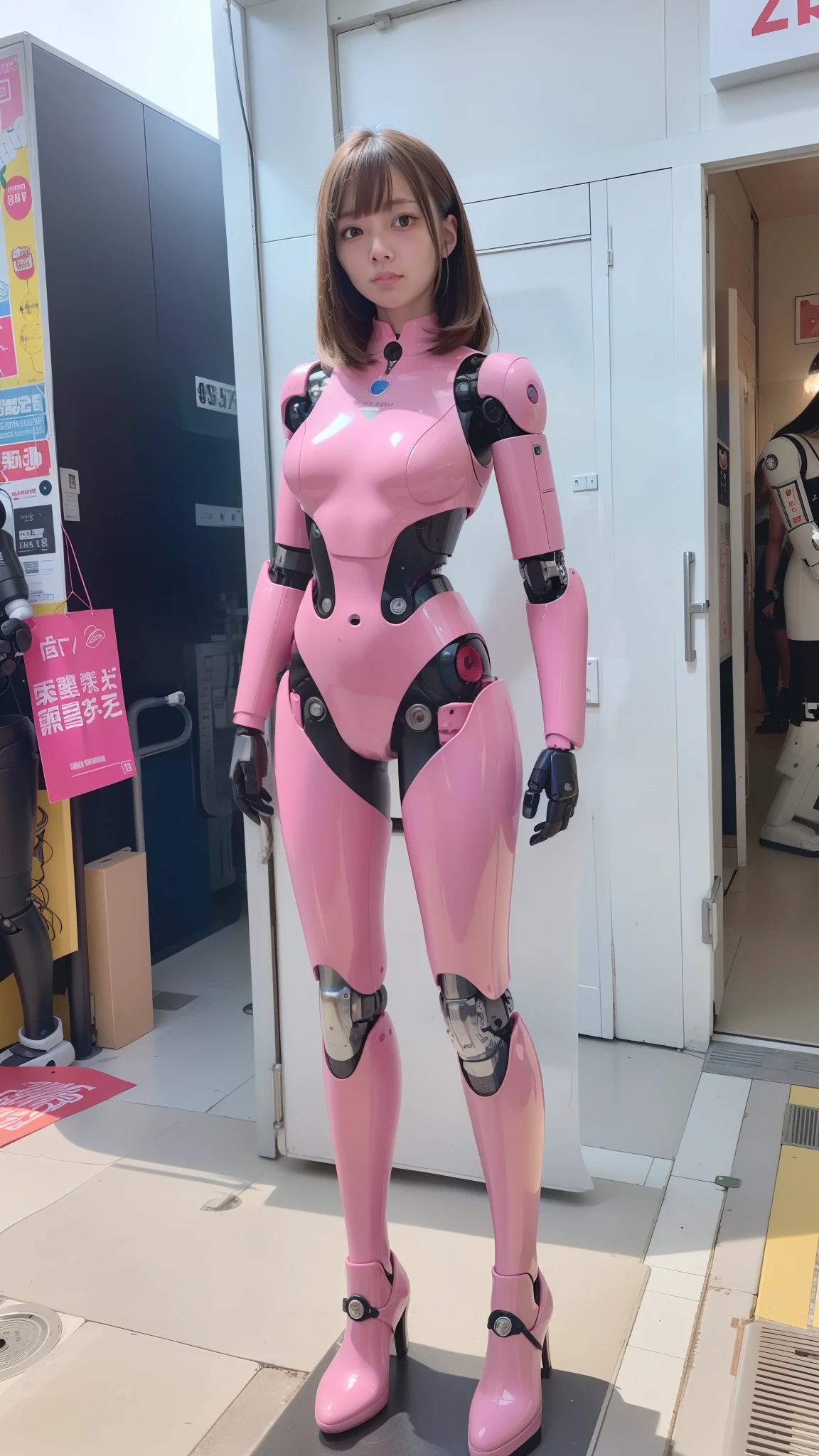 Robot Girl, pink there, Silver, Metallic body, Robot Parts, Metal Parts, Super Detailed Face, Super well-formed face, of the highest quality, a small face, a small head, Brown hair, Slender body, Camera gaze, Internal Mechanical Exposure, Idol, front facing, Well-proportioned body, sale, Exhibited, Event Hall, Moe Pose, pink metallic Lolita dress machine armor, Standing with legs open, Model body type, sad, Embarrassing,(Perfect Robot Girl),(Perfect machine body)