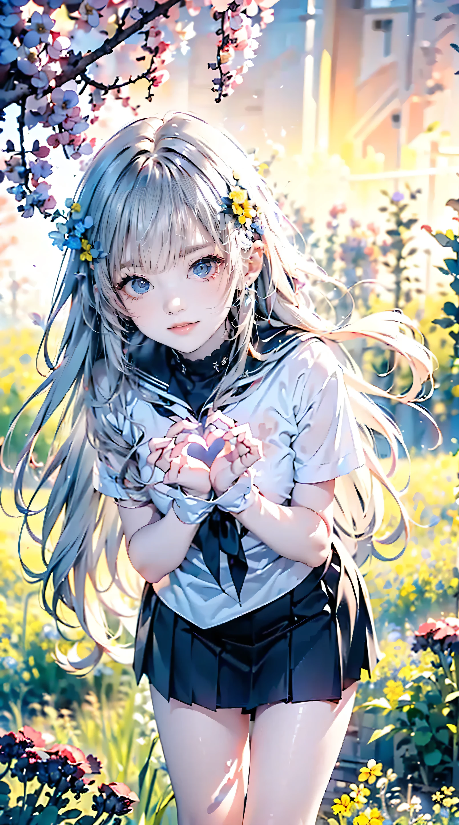 Best Picture Quality, 8K, Best Picture Quality, ((Odd-eyed school girl)), ((heterochromia, red eyes, green eyes)), ((sparkling fine crimson eyes)), ((very precise eyes)), . (long hair that looks like a mix of platinum and purple)), princess cut, ((clear glowing white skin)), glossy skin, very white skin, ((very small breasts)), ((heart hands))
((anatomically correct description)), ((wearing navy blue sailor uniform)), dark blue pleated skirt, miniskirt thighs, ((down blouse: 1. 5)), ((leaning forward)), gaze, ((leaning forward)), blush, ((in a field of rape blossoms with the setting sun shining)), smile, very beautiful.