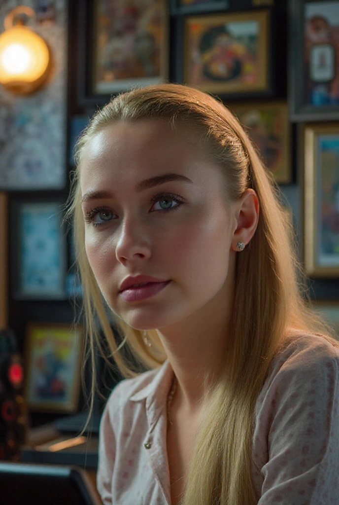 blonde hair upsweep updo emerald button shirt at a cantina sitting bar tequila (KimberlyNobodySD15:1.0), (masterpiece:1.5) (photorealistic:1.1) (bokeh) (best quality) (detailed) (intricate) (8k) (HDR) (wallpaper) (cinematic lighting) (sharp focus)