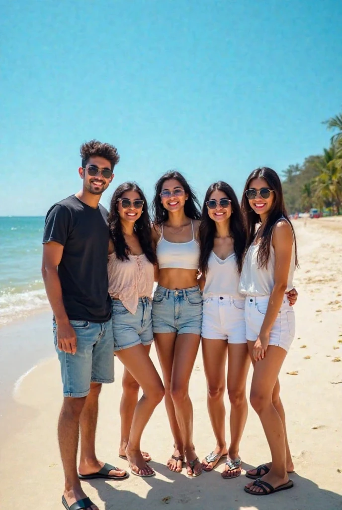 many friend at a beach, looking into camera, wear pant and fashion shirt, coconut tree is around, good atmosphere