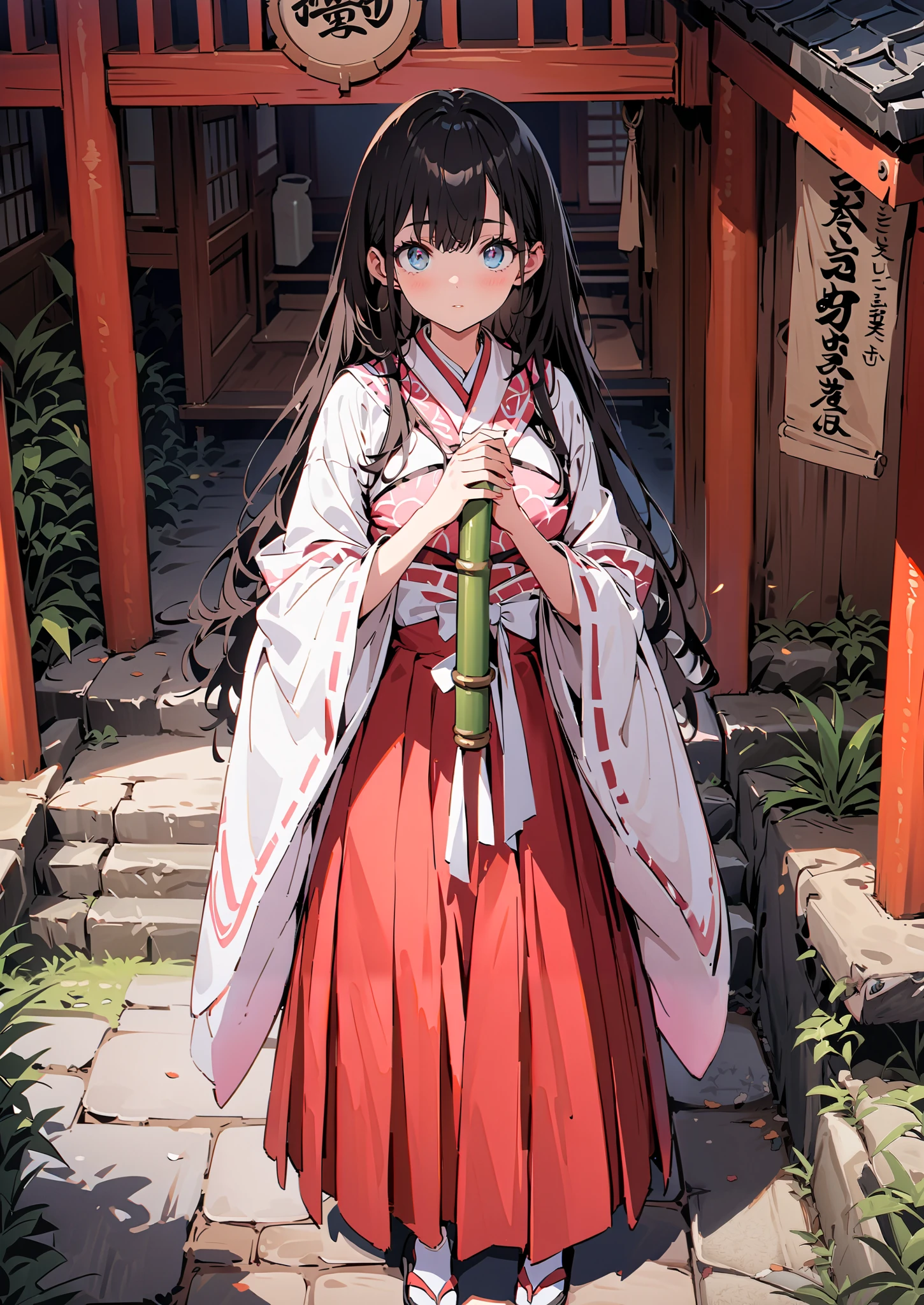 It's because of Rikkata,   black hair,  blue eyes,  long hair,  Orange Scrunch , scrunchie , List Scrunch, shrine maiden costume, white kimono ,Red Hakama, white socks,Sandals,I'm cleaning the stairs with a bamboo broom with both hands,noon,full bodyがイラストに入るように,                                               break outdoors, shrine,
break looking at viewer,full body,
break (masterpiece:1.2),Highest quality , kampala, Unity 8K Wallpaper ,(shape:0.8),(  fine, beautiful eyes  :1.6),It's a person ,full body写真,CG Details , (perfect hands, complete anatomy),
