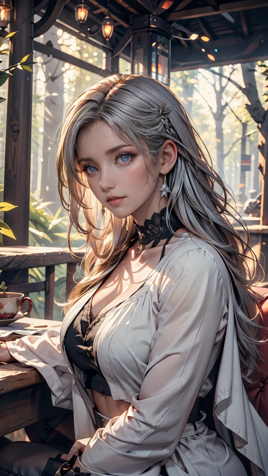 masterpiece, Highest quality,Very detailed,Hyper Details, cinematic Light,, One person, alone, sit, Outdoor, Summer House, sitting in the Summer House, plant, table, chandelier, Candles, Wind, Green Eyes, Pangreen silver hair, short hair, animal_ears, animal_ear_Fluff, Floating Hair, Light, Light frown, profile,View your viewers, dynamic_angle