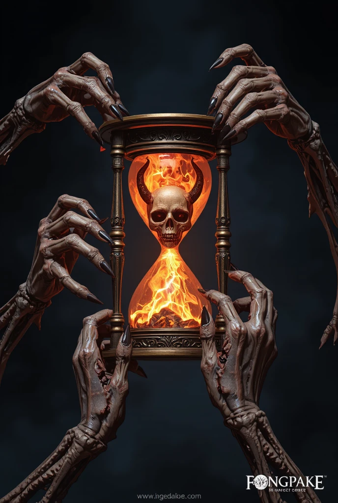 hand skull holding an hourglass. background is face of a fire dragon