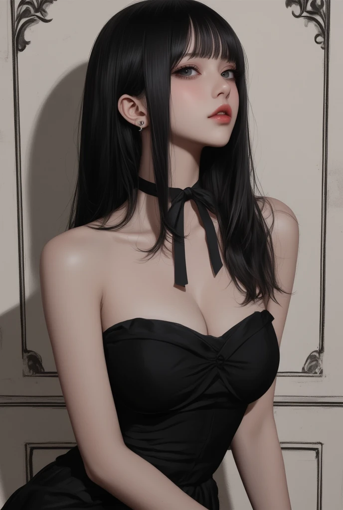 (masterpiece, top quality, best quality,4k,8k,HD,ultra HD), 1girl and long black hair, big chest,upper body, detail face, seduction pose, skirt