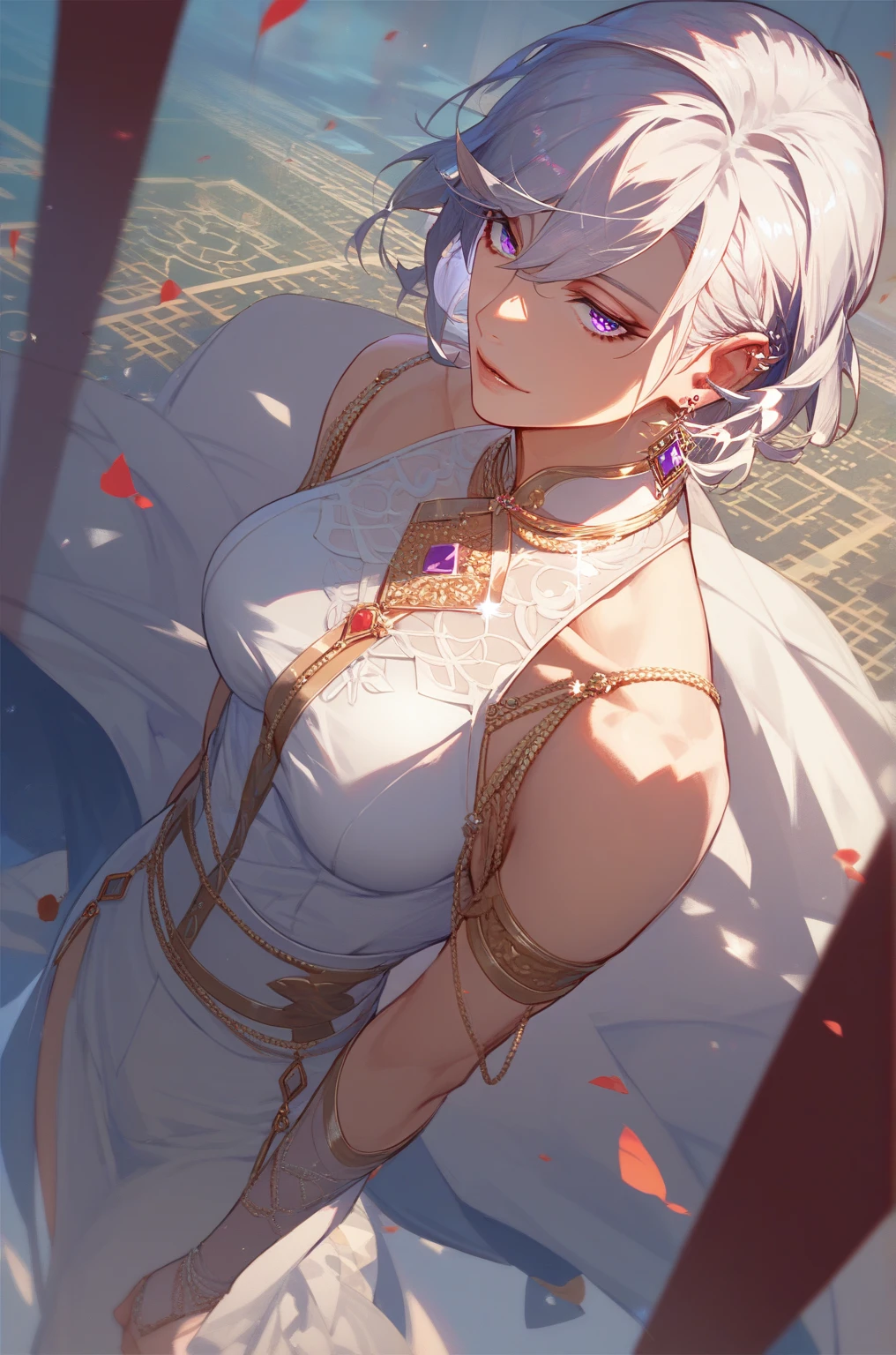 ((short hair)), ((gray hair)), ((light ocean blue eyes)), ((seductive expression)), ((seductive smile)), ((pale skin)), ((ancient greek clothing)), ((mature female)), 1girl, beautifully drawn, high resolution illustration, best quality, High definition, ((detailed anime sketch)), Masterpiece, (solo), absurdres, portrait, ((upper body)), ((close-up)), detailed background, fine detail, female focus, HDR,