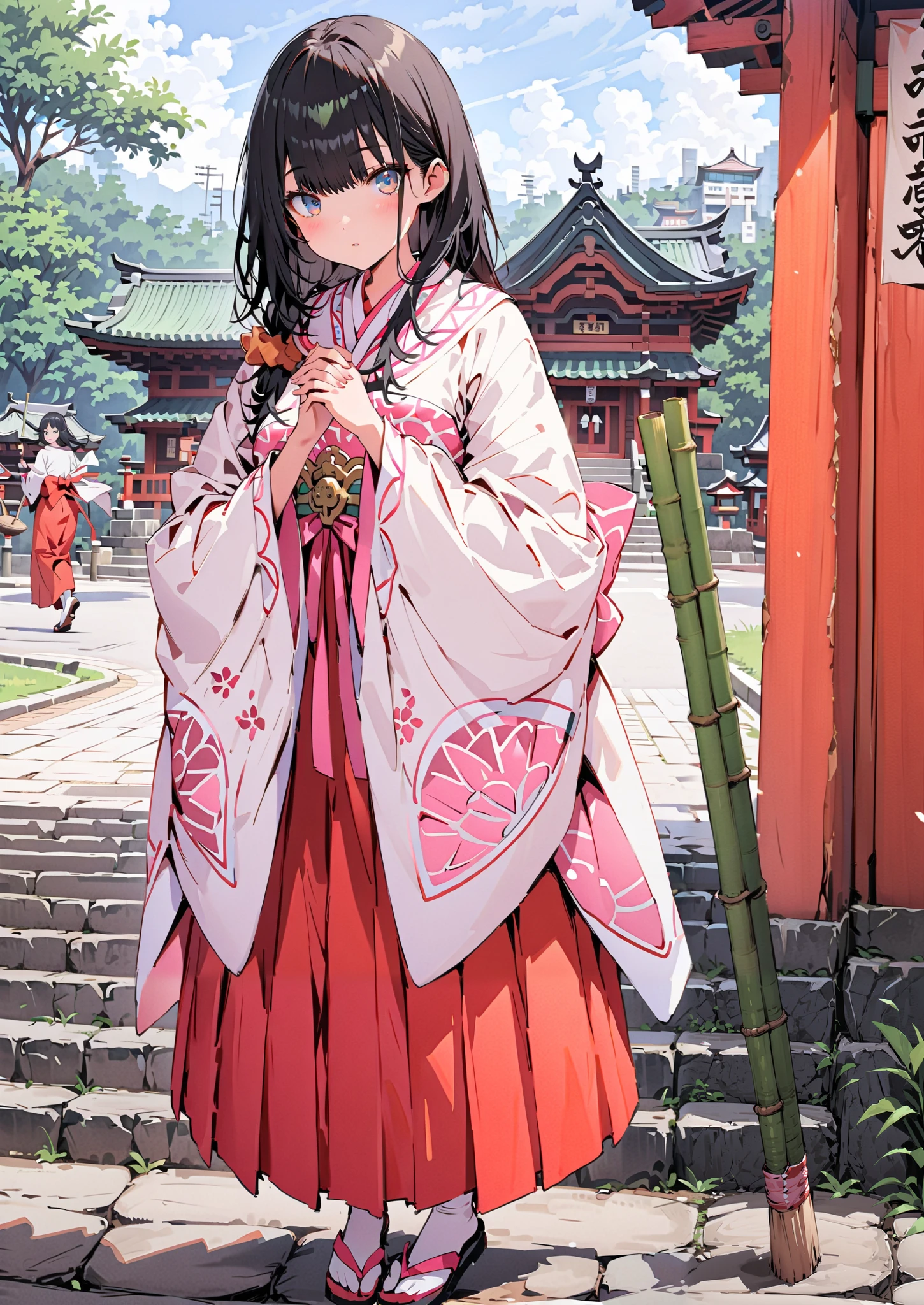 It's because of Rikkata,   black hair,  blue eyes,  long hair,  Orange Scrunch , scrunchie , List Scrunch, shrine maiden costume, white kimono ,Red Hakama, white socks,Sandals,I'm cleaning the stairs with a bamboo broom with both hands,noon,full bodyがイラストに入るように,                                               break outdoors, shrine,
break looking at viewer,full body,
break (masterpiece:1.2),Highest quality , kampala, Unity 8K Wallpaper ,(shape:0.8),(  fine, beautiful eyes  :1.6),It's a person ,full body写真,CG Details , (perfect hands, complete anatomy),