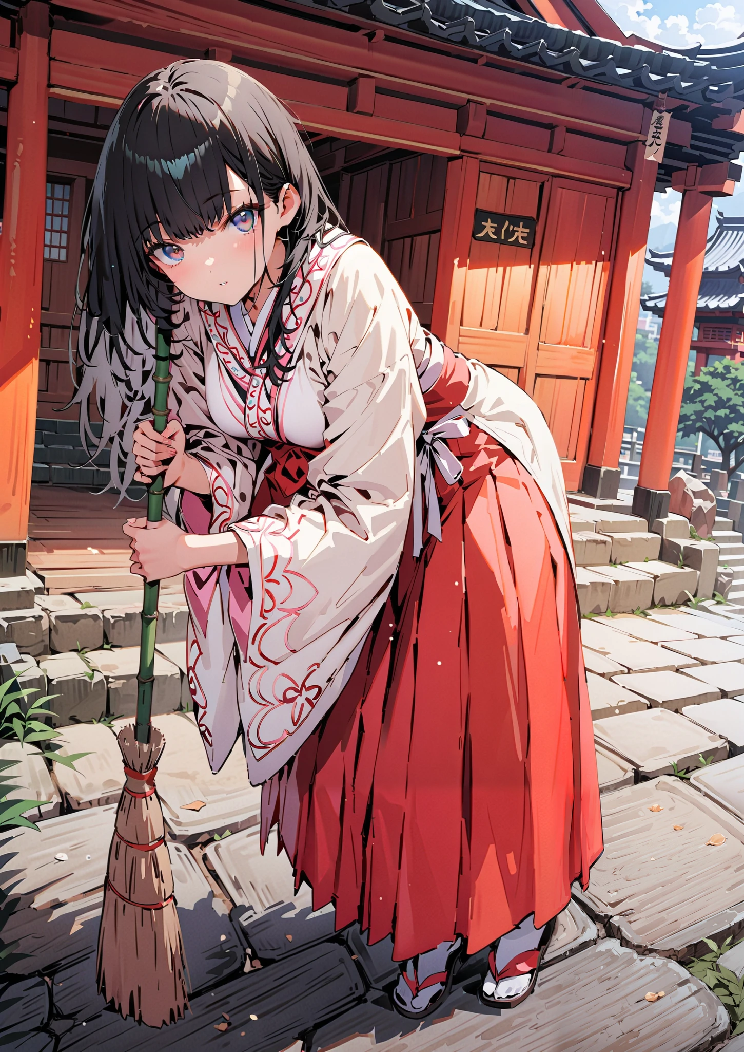 It's because of Rikkata,   black hair,  blue eyes,  long hair,  Orange Scrunch , scrunchie , List Scrunch, shrine maiden costume, white kimono ,Red Hakama, white socks,Sandals,I'm cleaning the stairs with a bamboo broom with both hands,noon,full bodyがイラストに入るように,                                               break outdoors, shrine,
break looking at viewer,full body,
break (masterpiece:1.2),Highest quality , kampala, Unity 8K Wallpaper ,(shape:0.8),(  fine, beautiful eyes  :1.6),It's a person ,full body写真,CG Details , (perfect hands, complete anatomy),