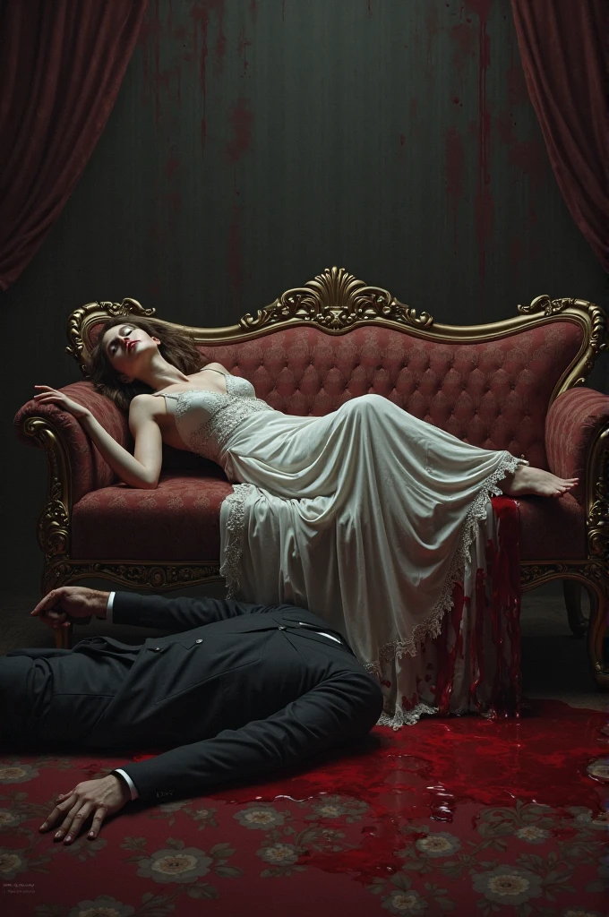 A gothic woman with white pale skin, a white dress, thigh high socks, high heels, is standing directly over a man lying down on the floor, lying with his back on the floor. The woman puts her foot over his face, the woman puts her high heel into his eye. Her high heel is inside his eyeball, it's deep into his eye. His eye is bloody, his face is bloody and beaten, his white shirt is . (((The woman puts her foot high heel into his eye)))