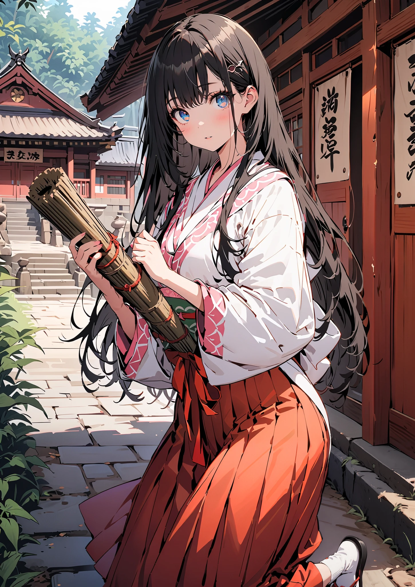 It's because of Rikkata, black hair, blue eyes, long hair, Orange Scrunch , scrunchie , List Scrunch, shrine maiden costume, white kimono ,Red Hakama, white socks,Sandals,I'm cleaning the stairs with a bamboo broom with both hands,noon,full bodyがイラストに入るように, break outdoors, shrine,
break looking at viewer,full body,
break (masterpiece:1.2),Highest quality , kampala, Unity 8K Wallpaper ,(shape:0.8),( fine, beautiful eyes :1.6),It's a person ,full body写真,CG Details , (perfect hands, complete anatomy),