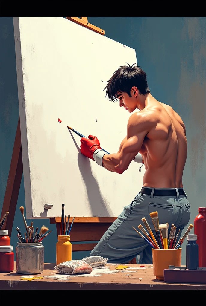 A 20-year-old male artist with short black hair and striking blue eyes. He has a lean, athletic build, standing confidently as he works on a canvas. His expression is focused and intense, reflecting his passion for art. The background shows an urban loft-style studio with large windows, letting in natural light. Paint splatters and brushes are scattered around, emphasizing his creative process.
