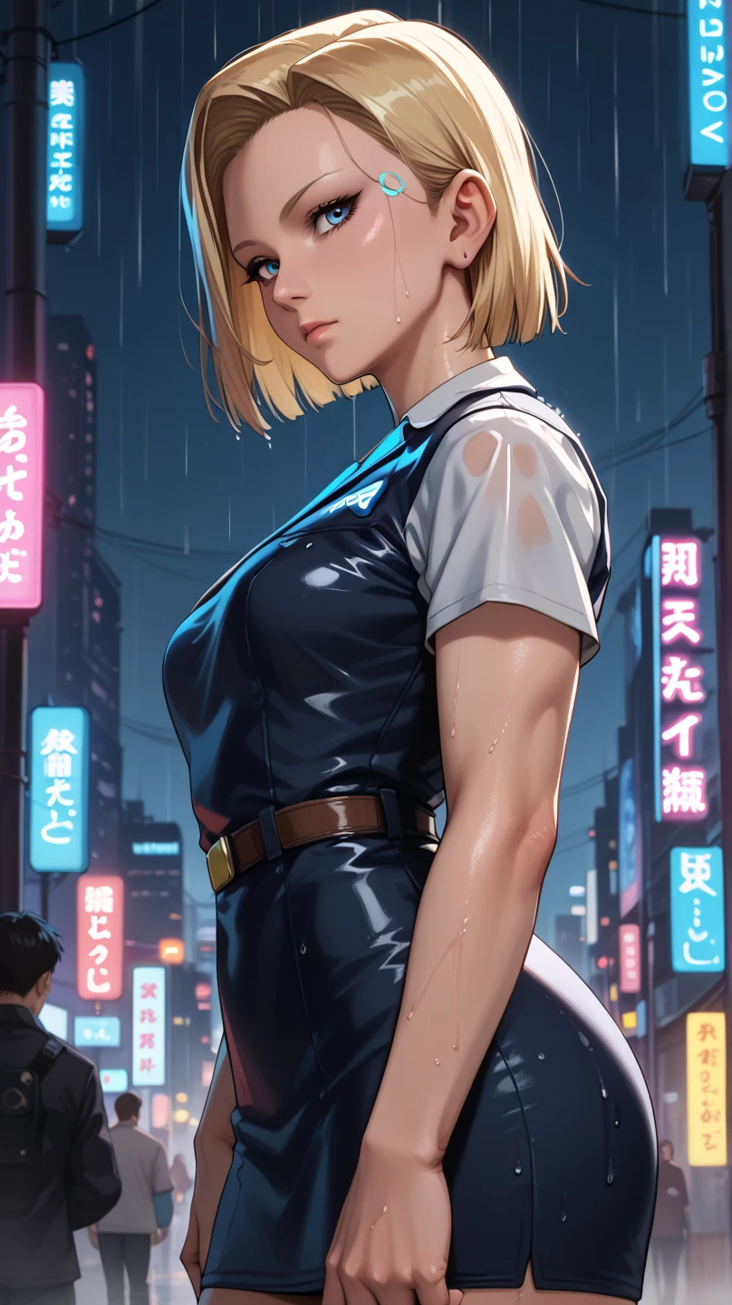 A realistic illustration of a woman hurrying home in the middle of a typhoon. The scene shows the woman wearing a raincoat and holding an umbrella, struggling against strong winds and heavy rain. The background includes stormy skies, swaying trees, and waterlogged streets, capturing the intensity of the typhoon. 