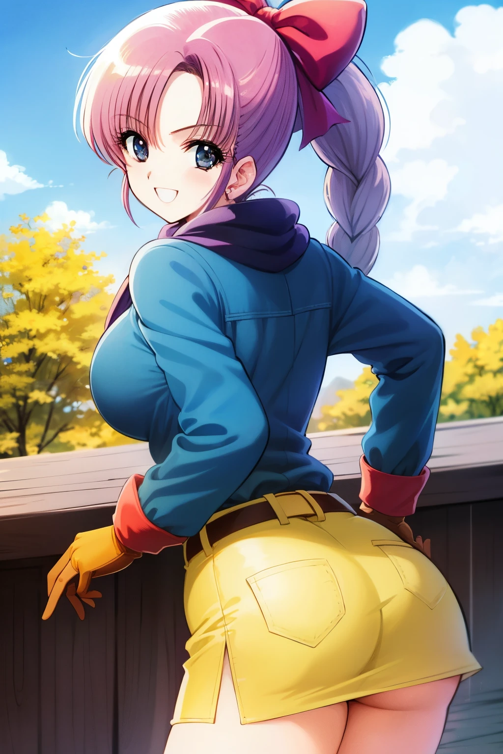 (masterpiece, best quality:1.1), merchant (dq3), 1girl, solo, from behind, short hair, ponytail, pink hair, blue eyes, large breasts, cleavage, white dress, strapless dress, (blue vest:1.1), red sash, white pants, jewelry, earrings, bag,( leaning back, one eye closed, puckered lips, smile:1.1)<lora:DQ3MERCHANT-000005:1>