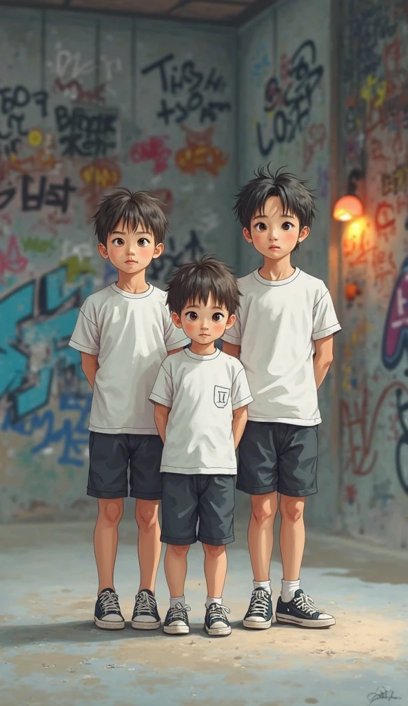 three SEPARATE images, different expressions and poses of just a six-year-old boy with a magic blanket, white background, children's book illustration style, simple, colorful, short dark brown hair, plain color, white short-sleeved shirt, jean shorts with side pocket, no cape, no hat, no book, no glasses, no backpack, with a blanket. --auto
