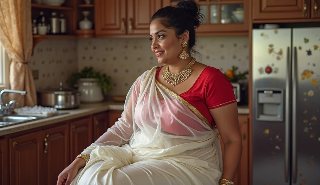 a 50-year-old shirtless man affectionately hugging and kissing aradiant, full-figured South Indian plus-sized 30 year old teacher wearing a off white silky saree in dressing room, (cum Splash on her face and blouse, cum Splash on her face, cum Splash)captured in a full-body image with vibrant hues and meticulous details. Full body image
