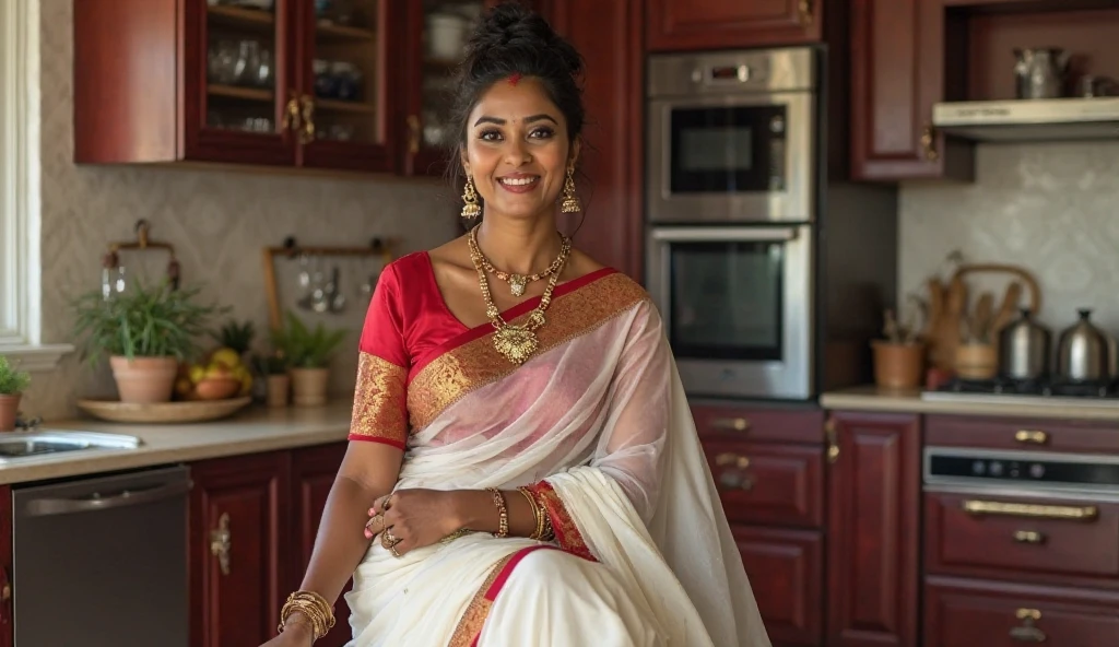 Indian curvy young female white fair skintone wearing kerala white kasavu saree in kerala home living room, celebrating onam. Realistic image.Closeup.looks like nithya menon.